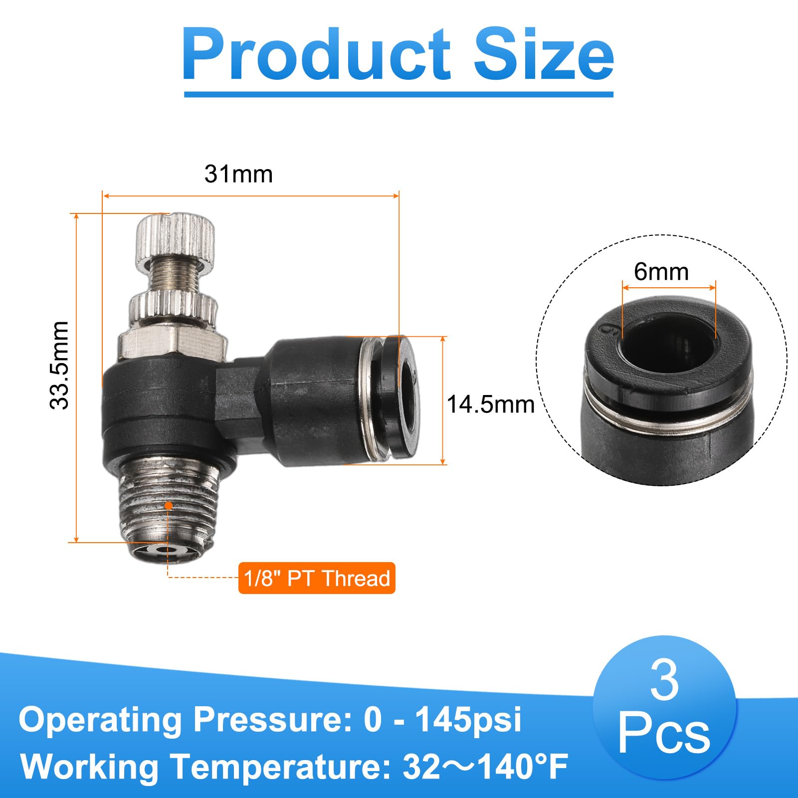 QUARKZMAN 3pz Valvola Controllo Flusso Aria Tubo OD 6mm x Filettatura 1/8" PT Fitting Collegamento Rapido Fitting Rigo Aria Gomito 90 Gradi Valvola Controllo Velocità Adattatore Fitting