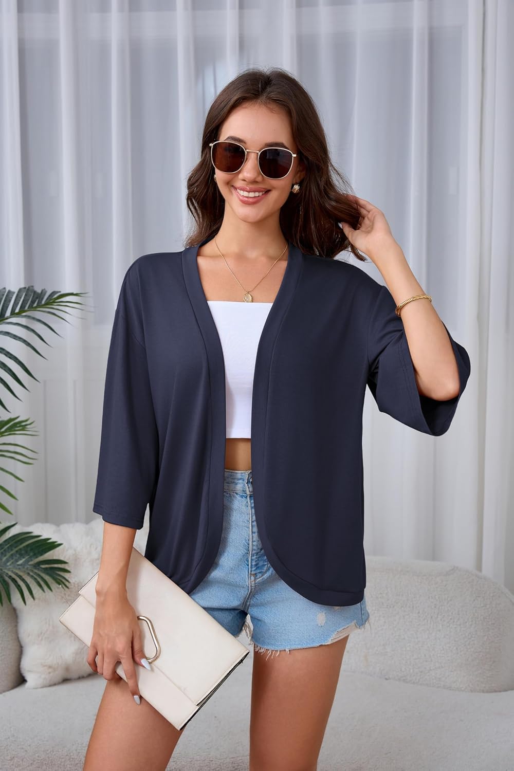 Women's Casual Lightweight Open Front Cardigans Soft 3/4 Bell Sleeve Cardigan Summer Cover Ups - Image 3