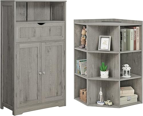 Miniatura 1 de Iwell Armario grande de suelo de baño, armario de almacenamiento con cajón grande y armario de esquina, gabinete de almacenamiento con puertos USB y