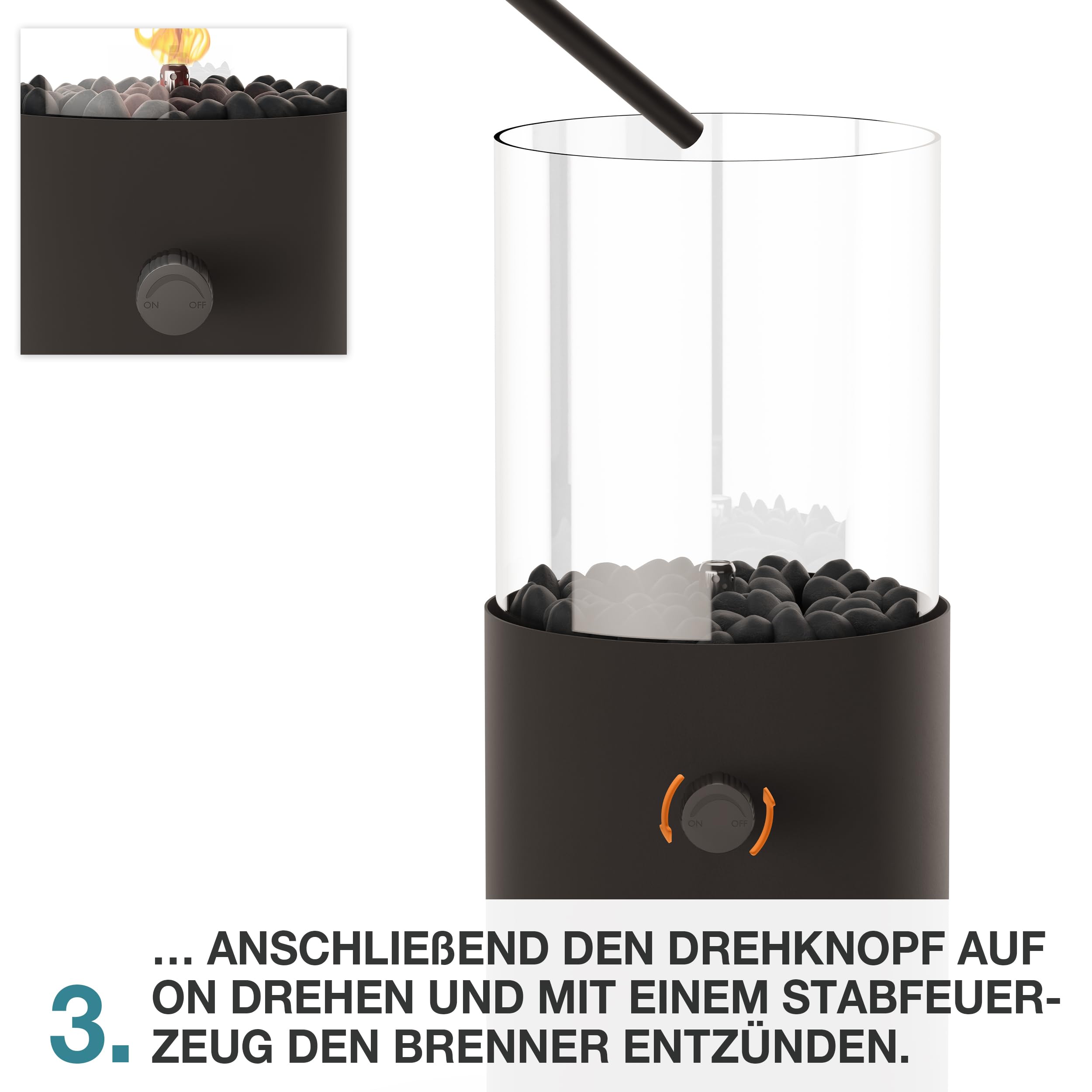 TOM Innovation XXL Gas Tischkamin - 12 Stunden Brenndauer für Indoor & Outdoor – Tisch Kamin Set – Tischfeuer mit Deko-Steinen – Plus 3X 190 g Stechgaskartusche