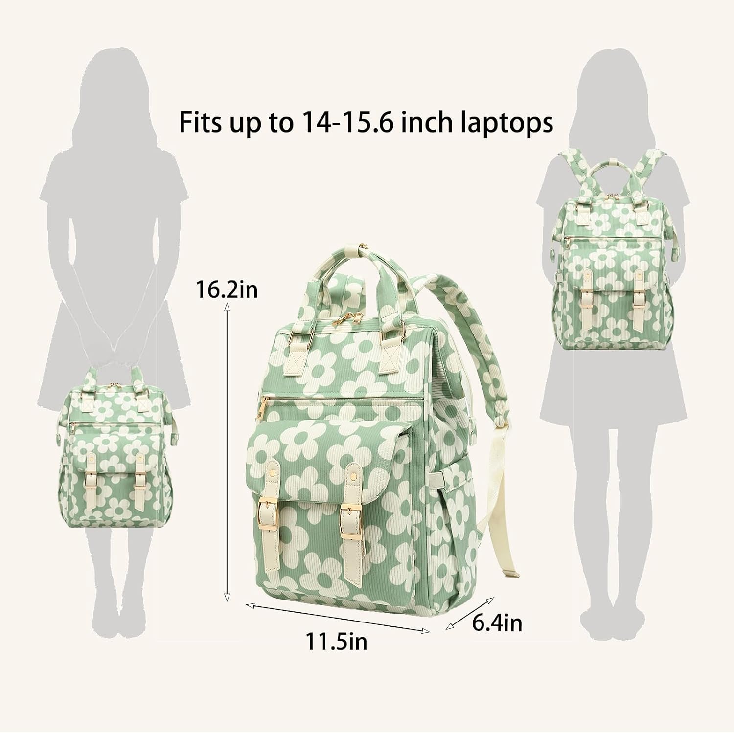 Corduroy Laptop Backpack for Women 15.6 Inch Stylish College School Bookbag, Business Work & Travel Computer Backpacks (Flowers Green)