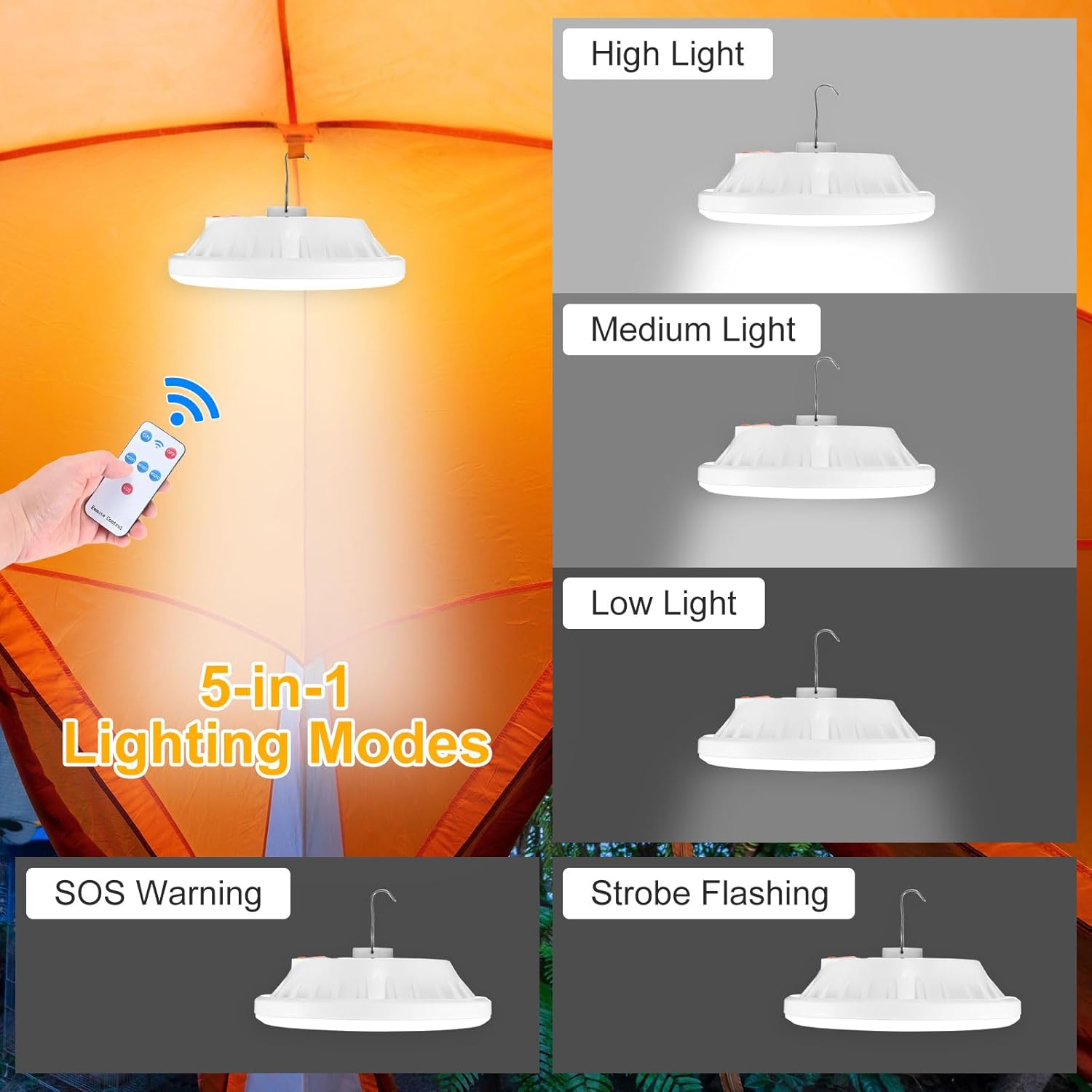 2-Pack Portable Rechargeable Camping Lights, Tent Lights LED Lantern Power Solar Battery Powered, 5 Lighting Modes, IP65 Waterproof Flashlight for Hiking/Emergency/Night - Image 2