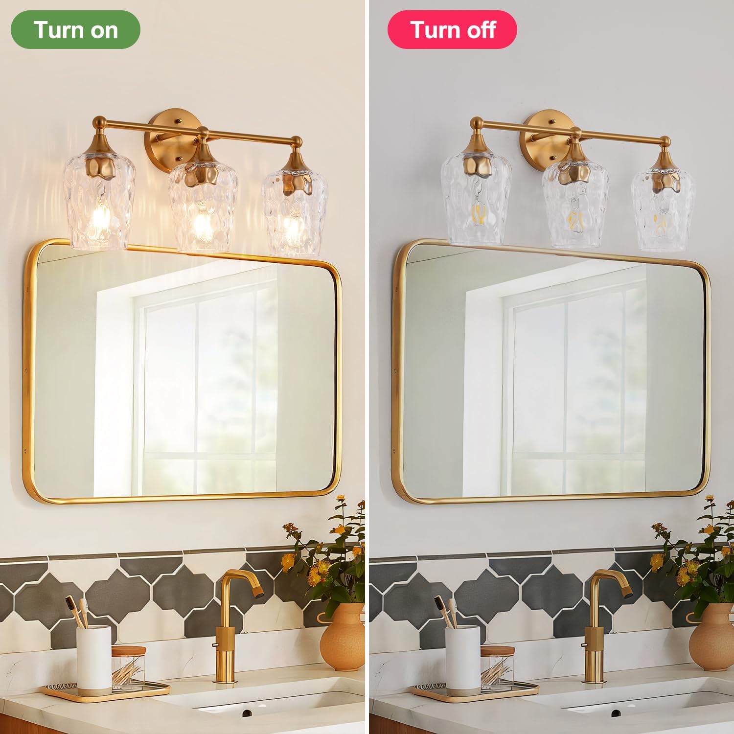 20 inch 3-Light Gold Vanity Light,Modern Wall Sconce with Rippled Glass Lampshade,Bathroom Lighting Fixture Over Mirror for Living Room,Bedroom,Hallway