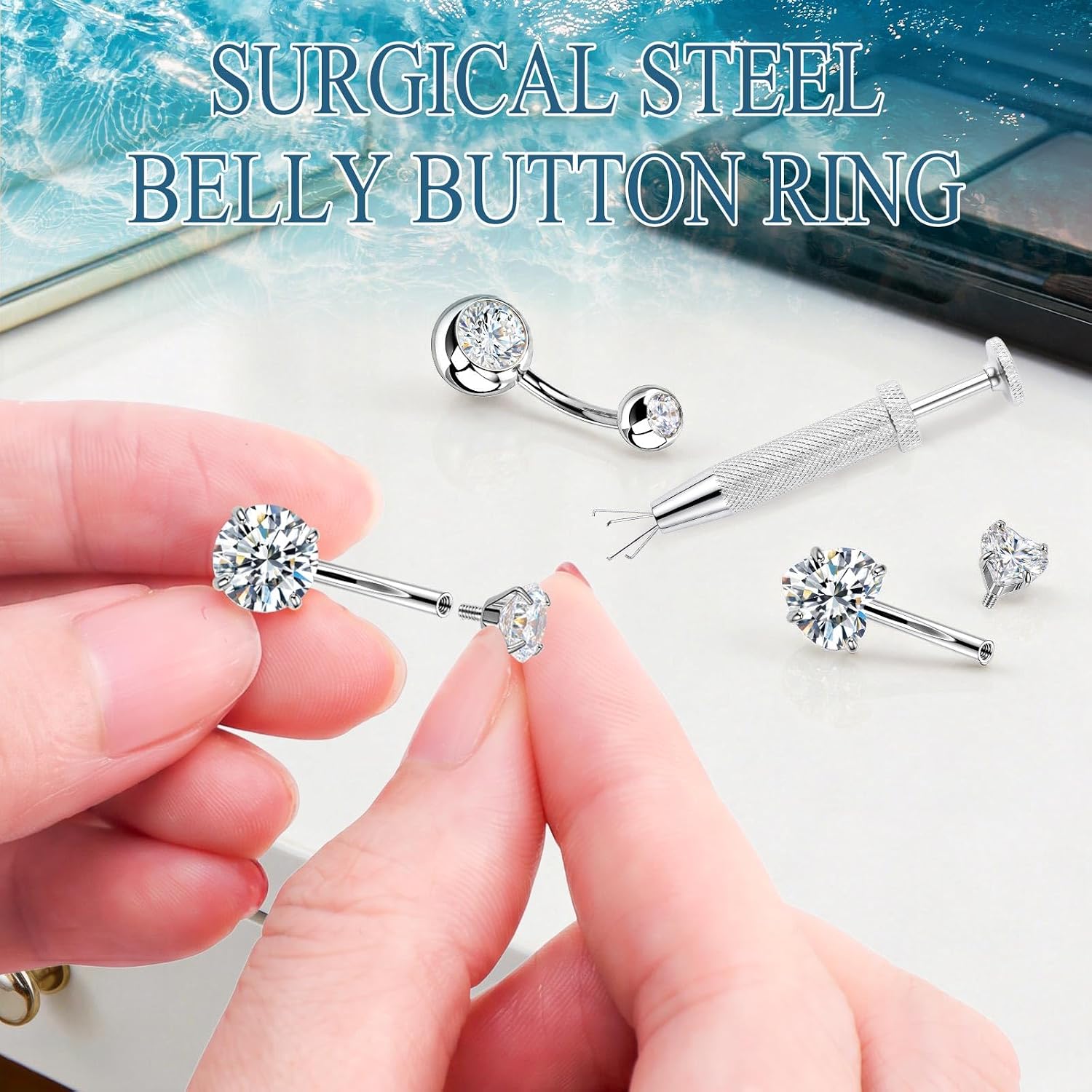 JELUTAR 316L 14G Belly Button Rings, 6 PCS Hypoallergenic Surgical Steel Belly Button Piercing Kit, Cubic Zirconia Navel Barbell Stud Body Piercing Jewelry for Women Men, Silver