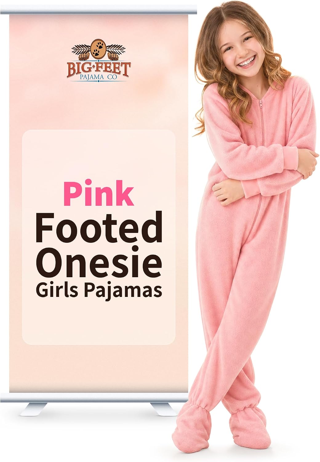 BIG FEET PAJAMA CO. Footed Onesie Girls Pajamas - Fleece Zip Up One Piece Kids Pjs, Teen Sleepwear, Pink Girls Sizes 6 to 16