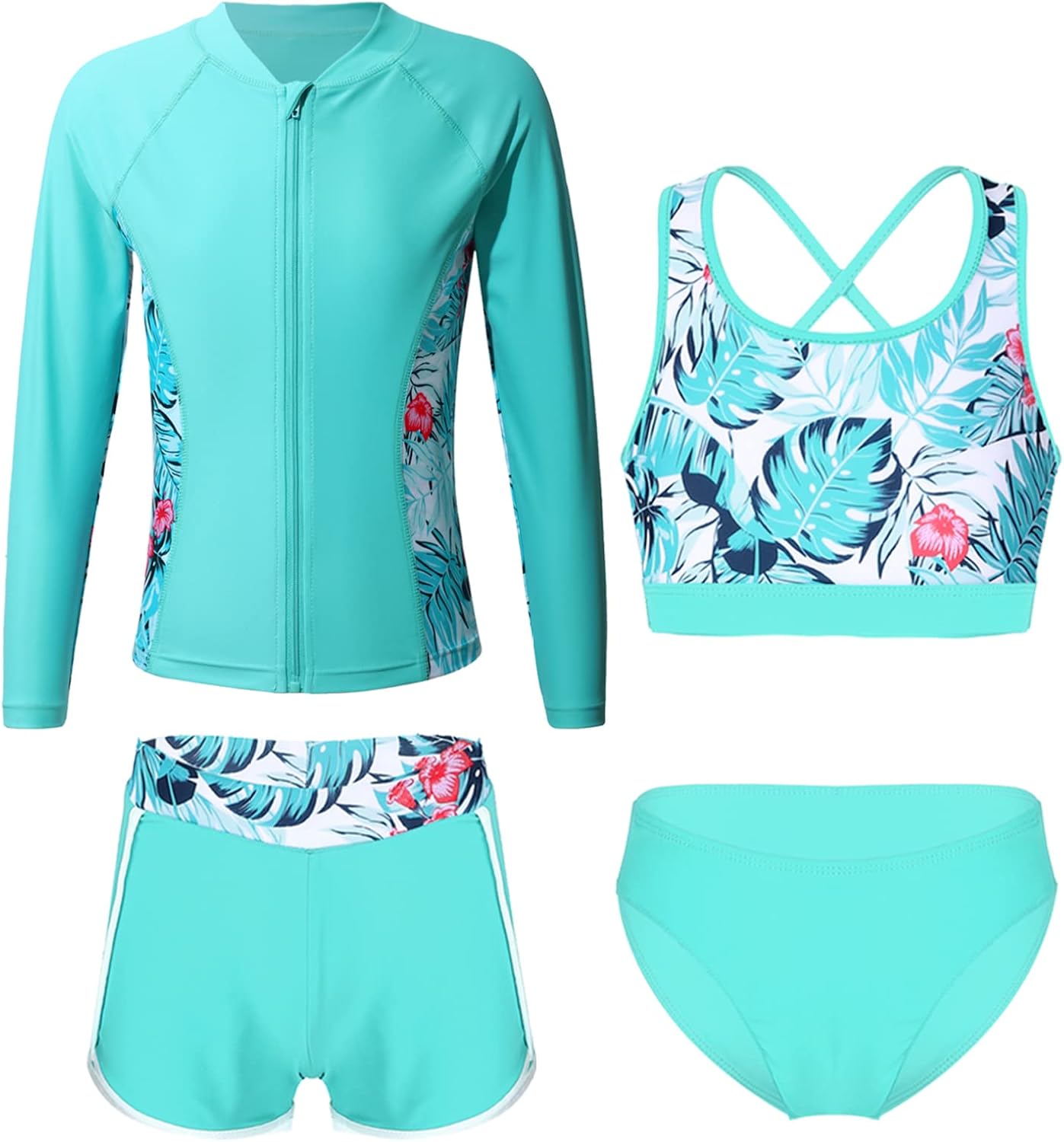 Girls Printed Swimsuit with Strappy Crop Top and Briefs Shorts UPF 50+ Rash Guard Set