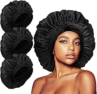Vista 15 de 3 gorros para dormir, gorro de seda extra satinado para mujeres que duermen con banda de amarre para cabello rizado, trenzas de capó jumbo