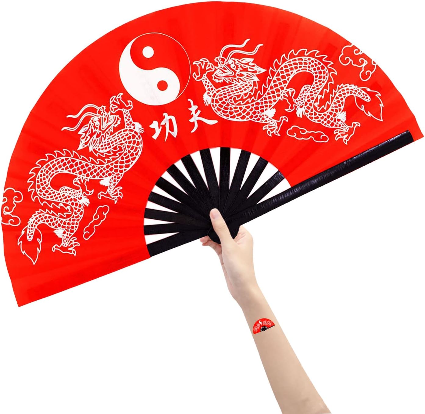 Amajiji Large Rave Folding Hand Fan, Red, Modern, 13" (closed), 25" (open), Unique Flick-Open Mechanism