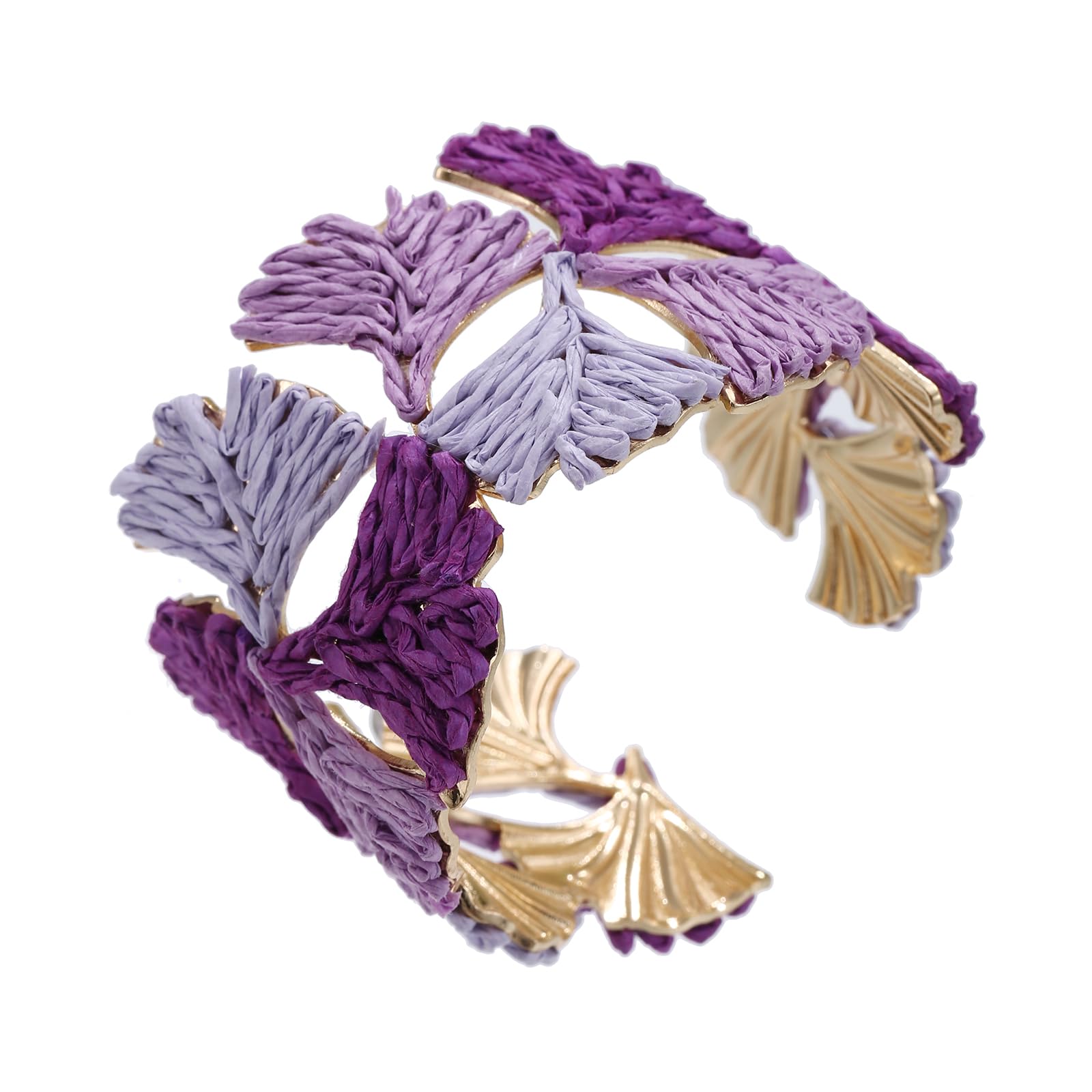 RUOFFETA Women's Raffia Cuff Bracelet with Ginkgo Leaf, Handmade Summer Beach Jewelry, Vibrant Gradient Colors, Adjustable Open Cuff Design