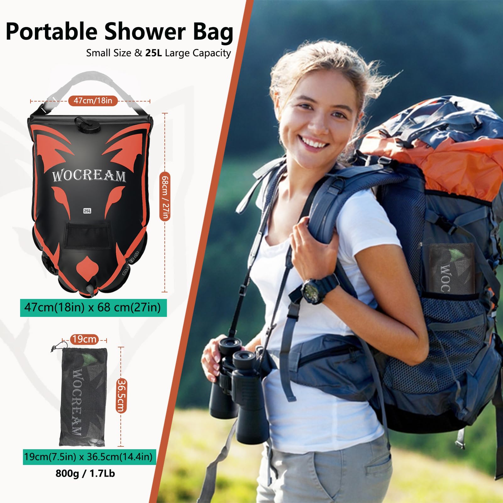 Sac de douche de camping en plein air de 25 l - Grand débit d'eau - Douchette solaire - Sac de douche en PVC - Portable - Pour le camping, la plage, la randonnée - Orange