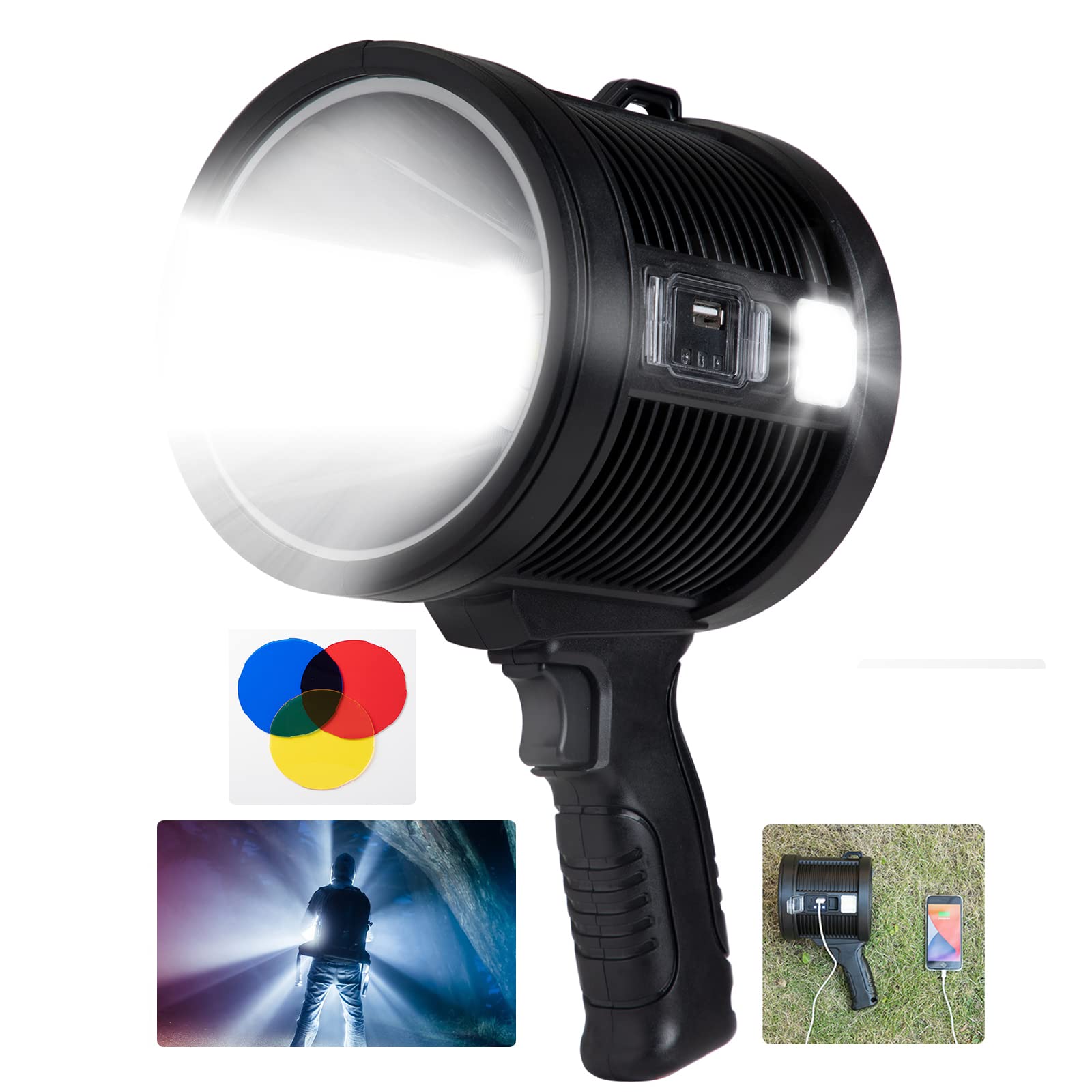 jeegol Rechargeable Spotlight Flashlight 100000 Lumens Super Bright LED Spot Lights Handheld Large Flashlight with 6 Modes Waterproof Solar Powered Cob Searchlight for Hunting Boats Camping