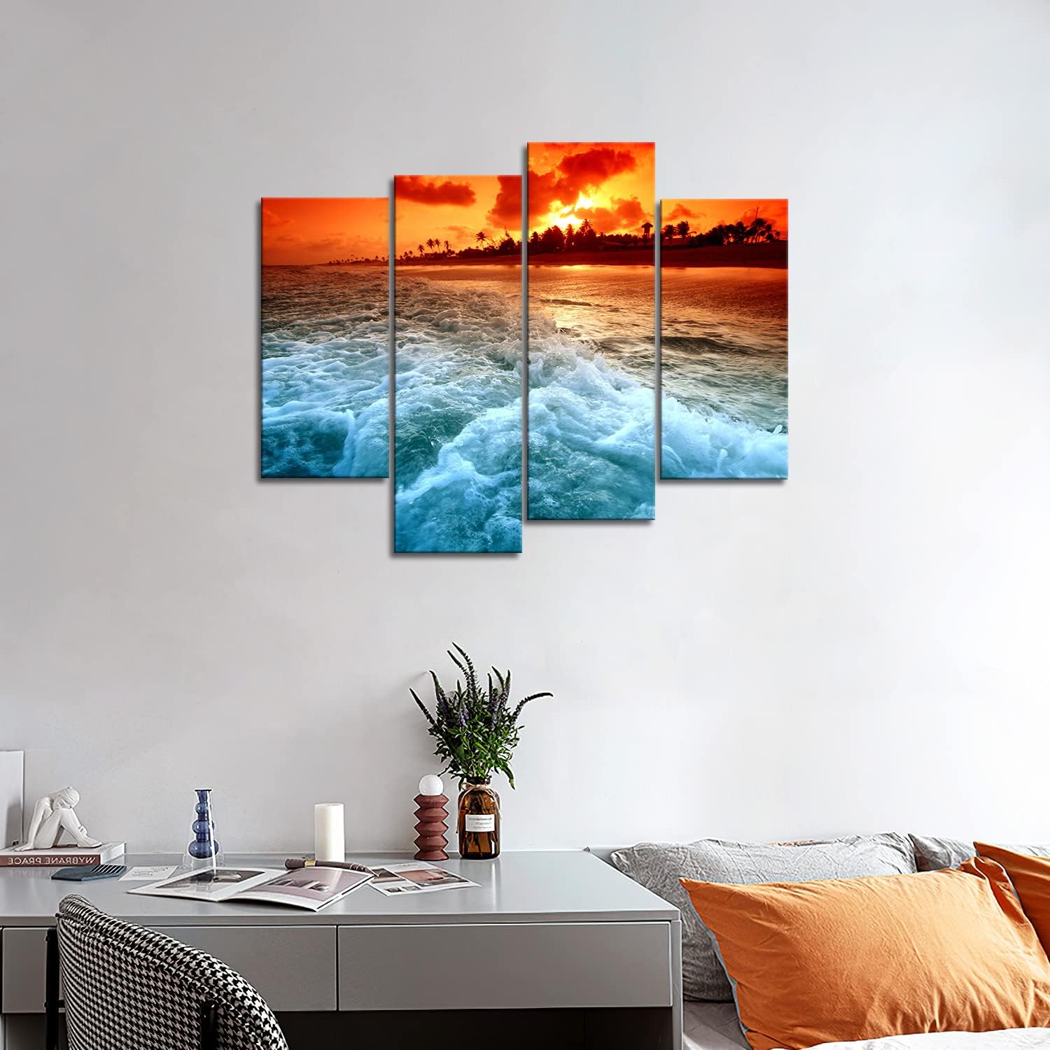 Beach Sunset in Hawaii Wall Art Painting On Canvas Artwork 4 Pieces Hawaiian Tropical Seascape Poster Prints with Frame for Home Living Room or Office Decoration