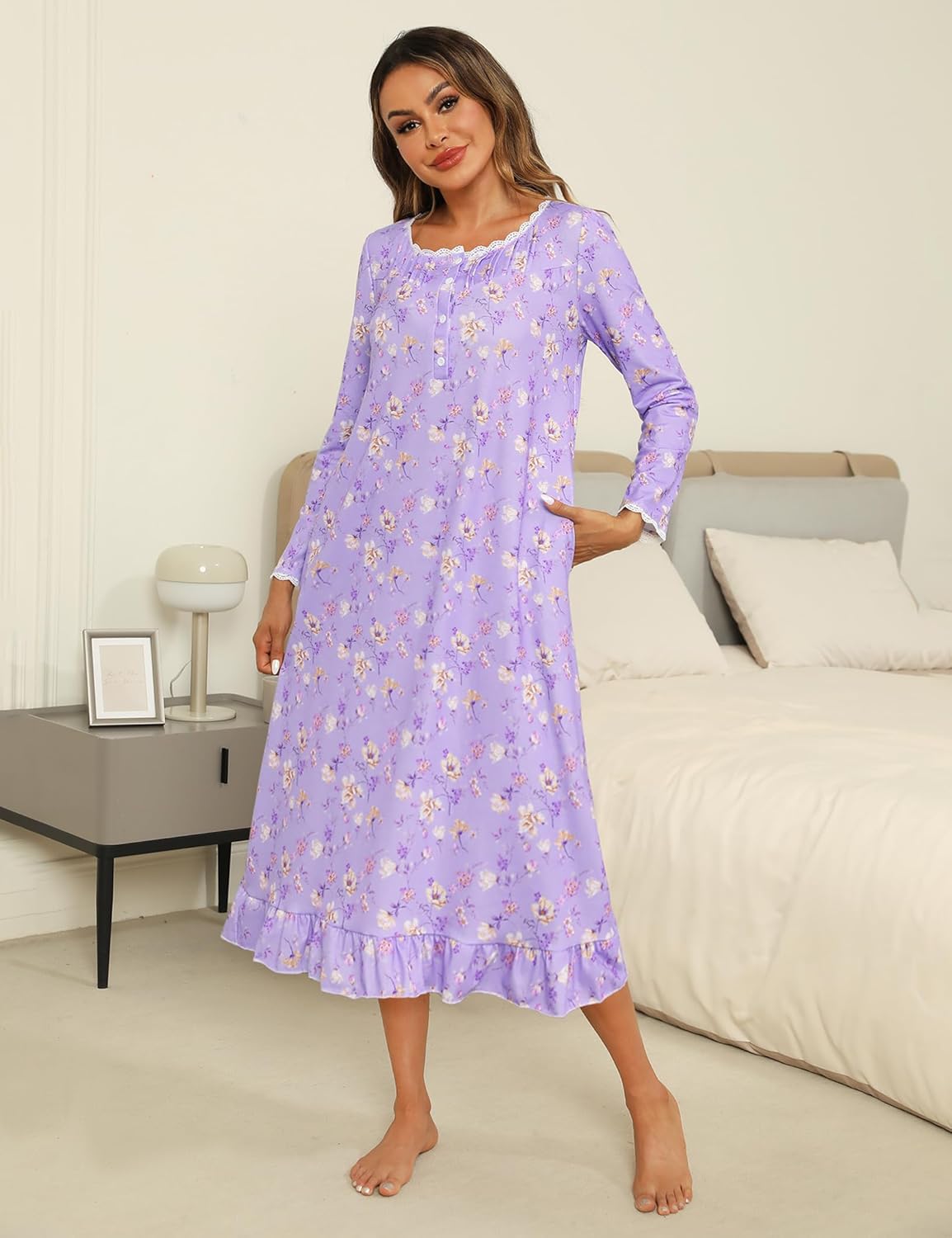 Marvmys Womens Cotton Long Sleeve Nightgown Long Sleepshirts Lace Trim Victorian Sleepwear with Pockets - Image 5