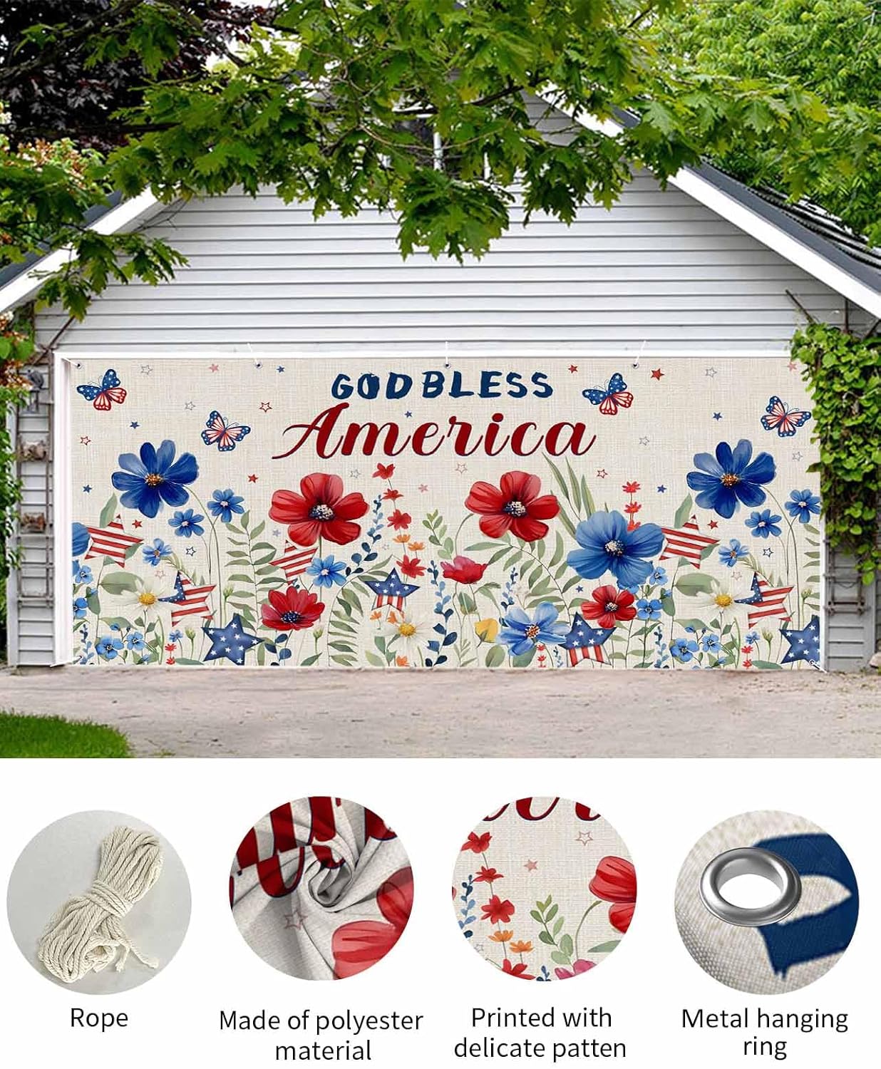 4th of July Red Blue Flowers Garage Door Cover Garage Door Decorations American Flag Butterfly Garage Door Banner with Grommets, Garage Door Backdrop Mural for Outdoor Wall Door Photography 7x16ft
