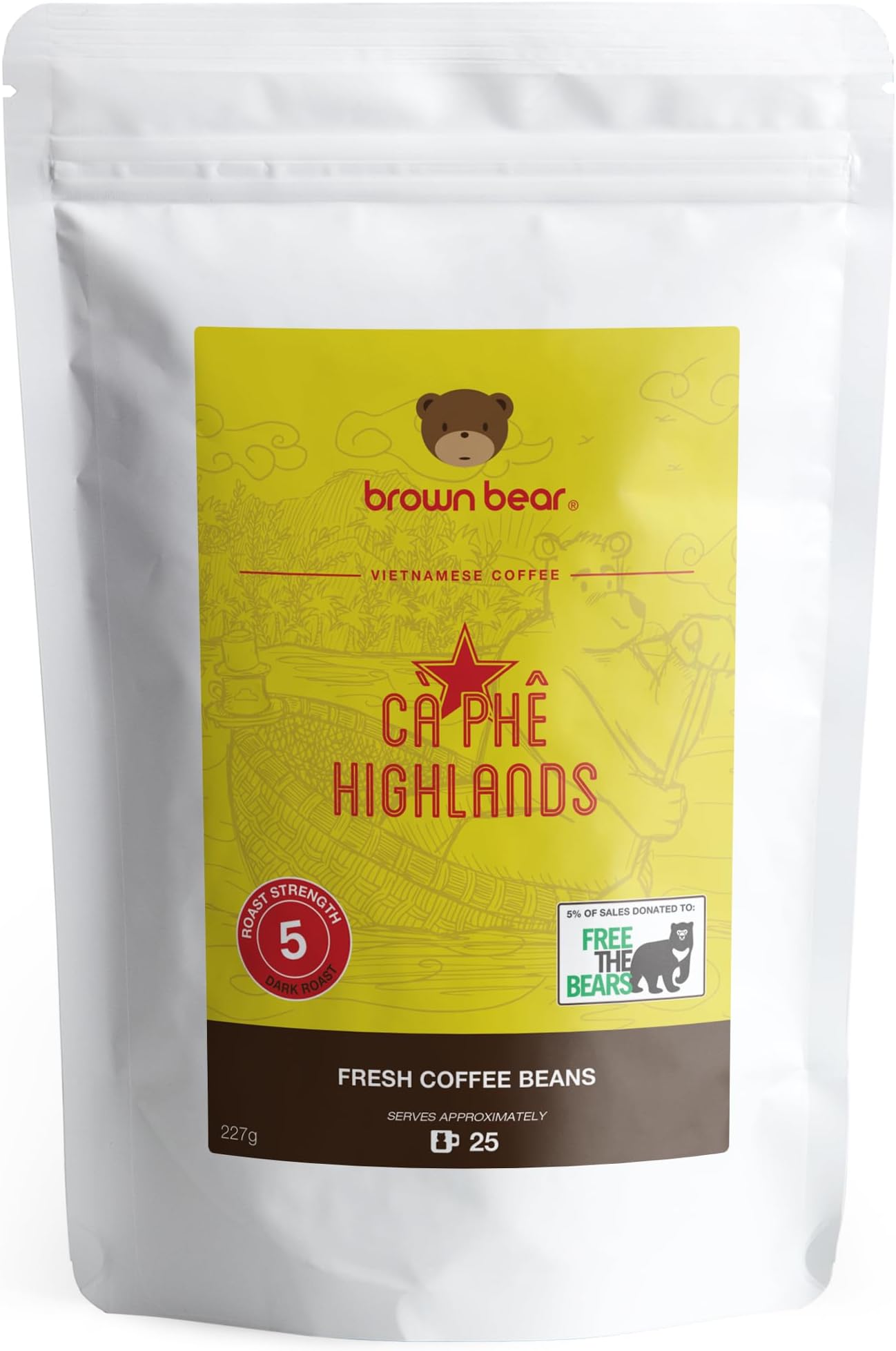 Vietnamese Coffee Beans 227g - Very Strong Dark Roast Vietnam Robusta - Strength 5 - For Coffee Machines & Vietnamese Phin Ca Phe Drip Filter & French Press - Brown Bear - Donation To Free The Bears