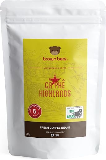 Vietnamese Coffee Beans 227g - Very Strong Dark Roast Vietnam Robusta - Strength 5 - For Coffee Machines & Vietnamese Phin Ca Phe Drip Filter & French Press - Brown Bear - Donation To Free The Bears