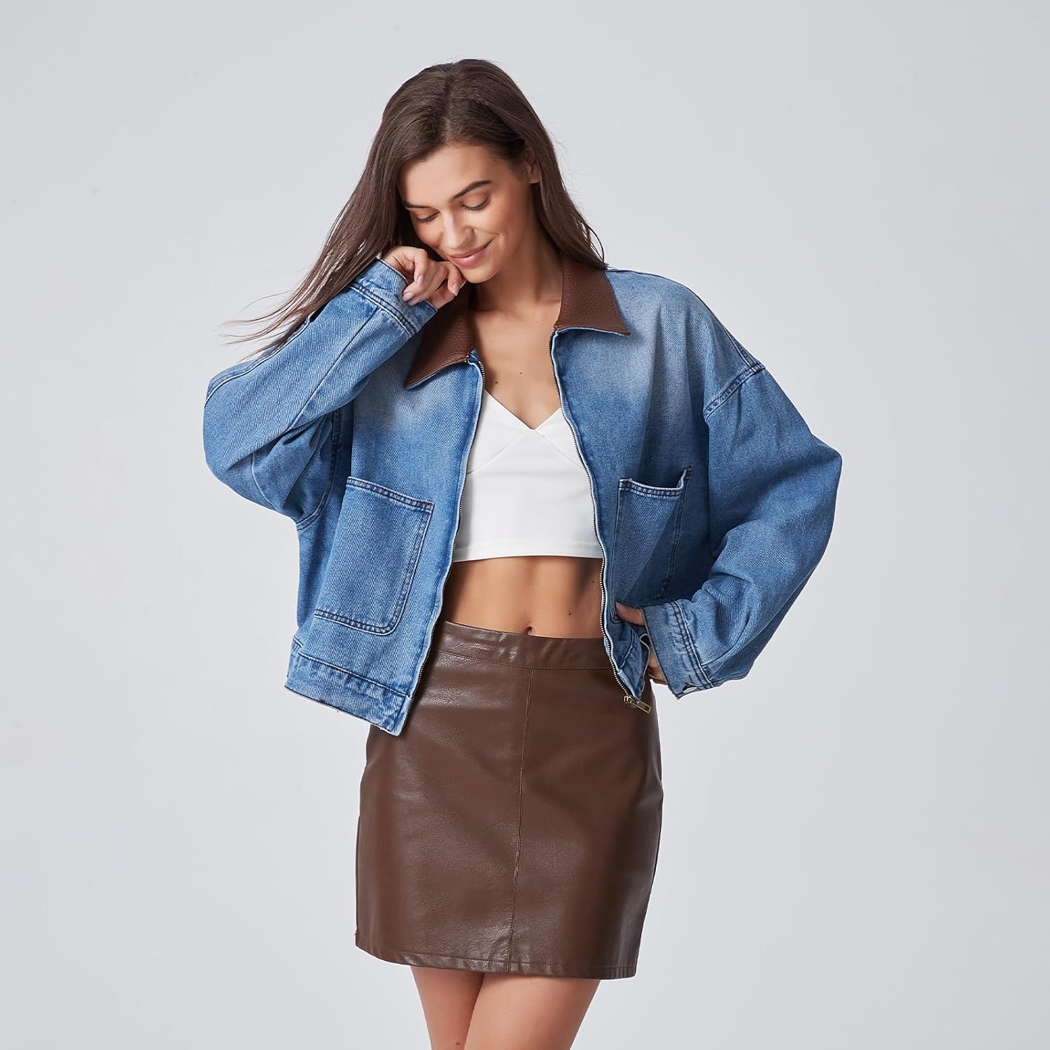 D-Sun Women's Denim Jackets Leather Collar Long Sleeve Zipper Cropped Jean Jacket Denim Coat With Pockets - Image 2