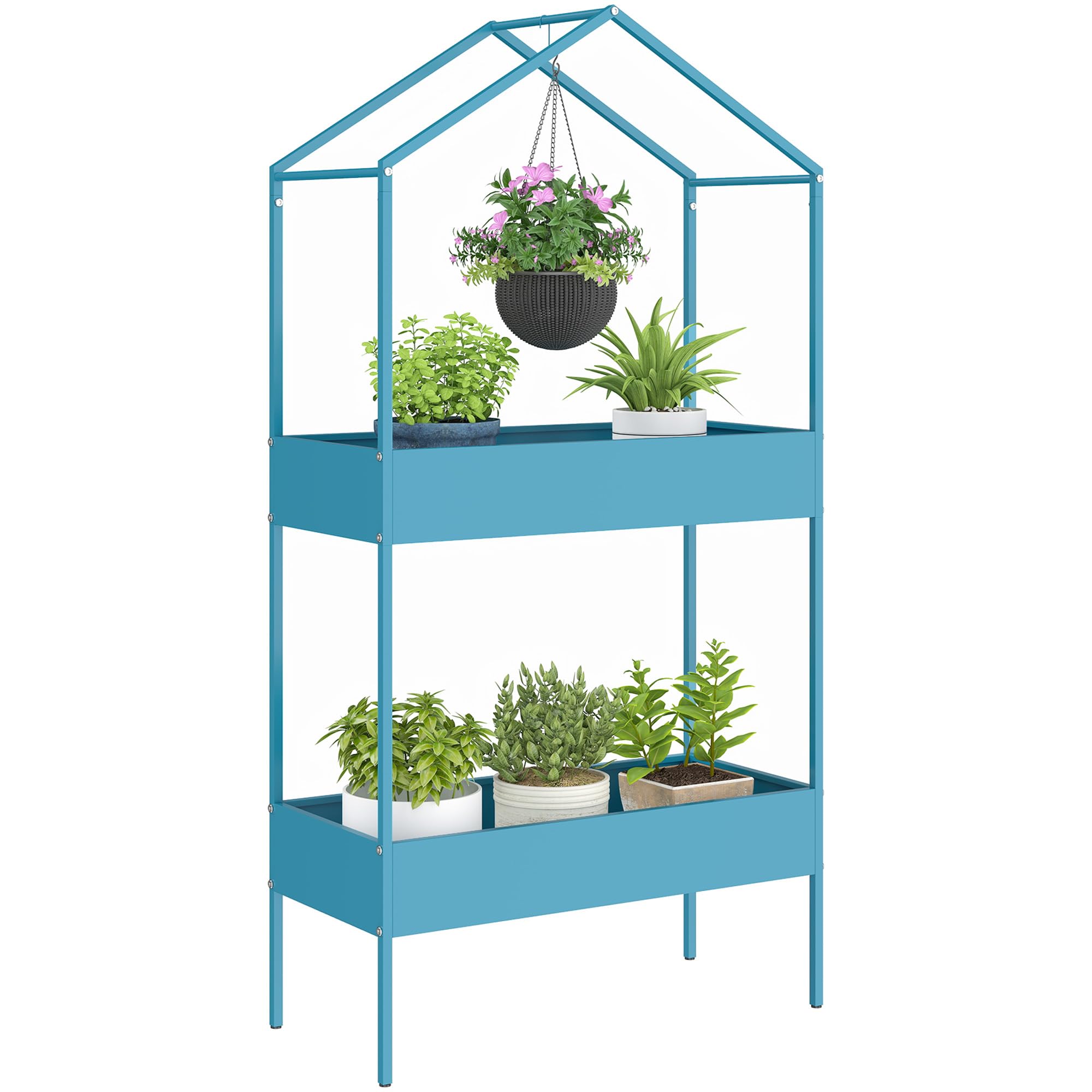 Outsunny Pflanzenregal mit 2 Ebenen, Pflanzenhalter aus Metall mit Haken, Pflanzenhalter in Form eines Hauses für Garten, Terrasse, Balkon, Wohnzimmer, blau-grün