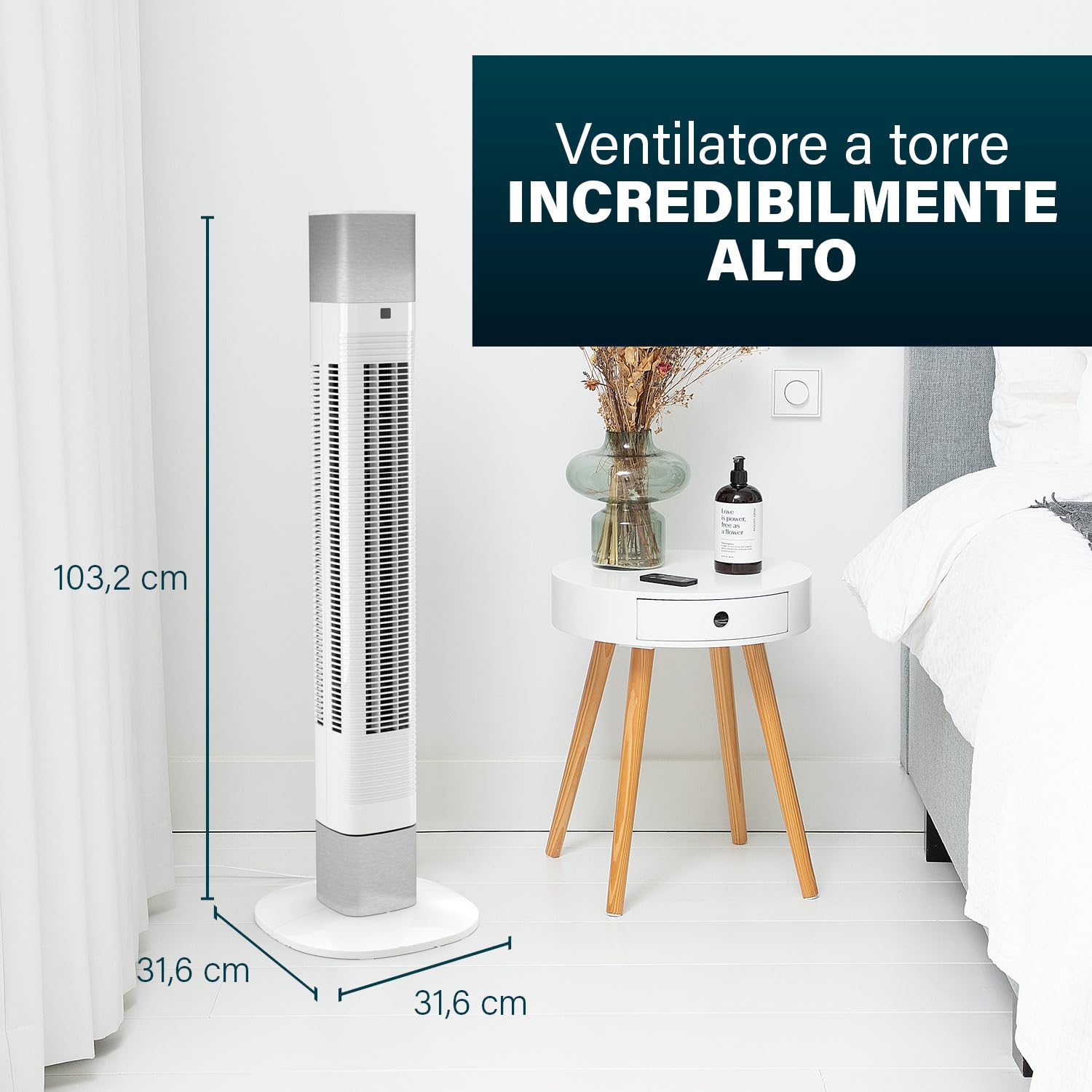 Princess Ventilatore a colonna silenziosa, altezza 103 cm, 3 modalità e 3 velocità, oscillazione, collegato, bianco