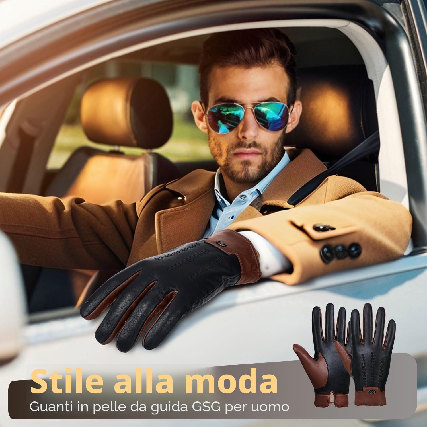 GSG SINCE 1998 Guanti Vera Pelle Senza Cromo Uomo, Invernali, Foderati in Cashmere, Touchscreen, Guanti Termici Moto, Abbronzatura L