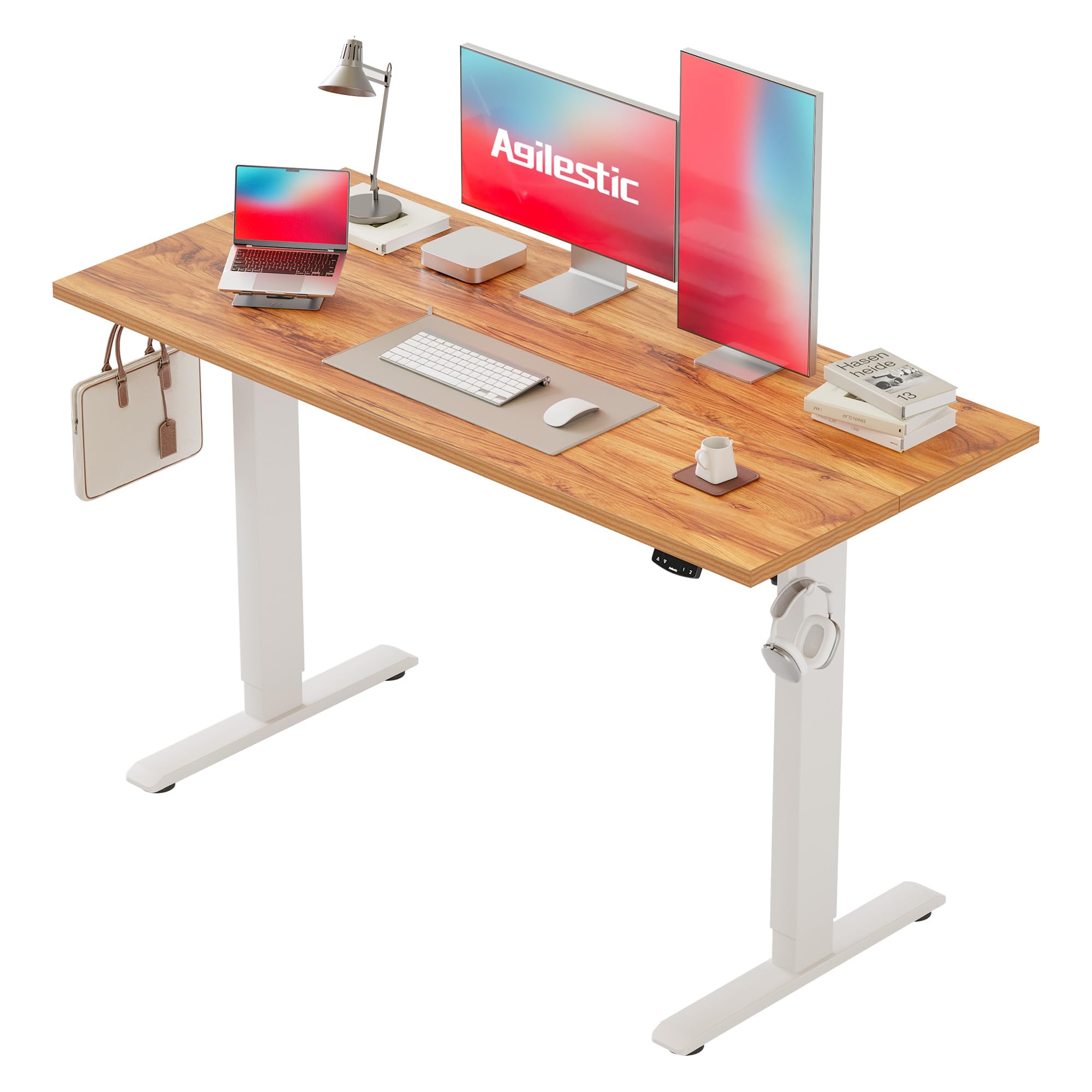 Agilestic Electric Standing Desk, 135 x 60 cm Height Adjustable Sit Stand Desk with Splice Board and Memory Smart Pannel, Home Office Desks, Light Brown
