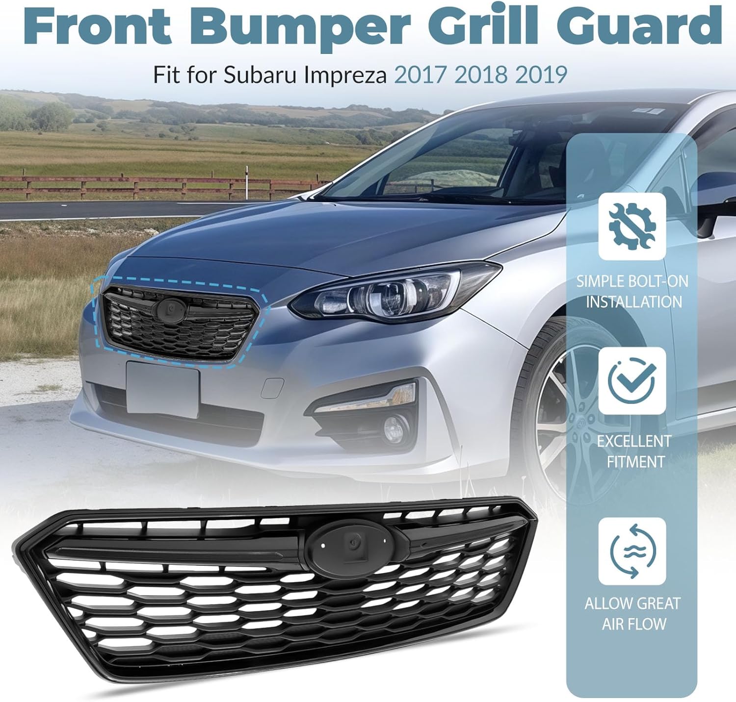 Front bumper Upper Grille Compatible with 2017 2018 2019 Subaru Impreza, Textured Black