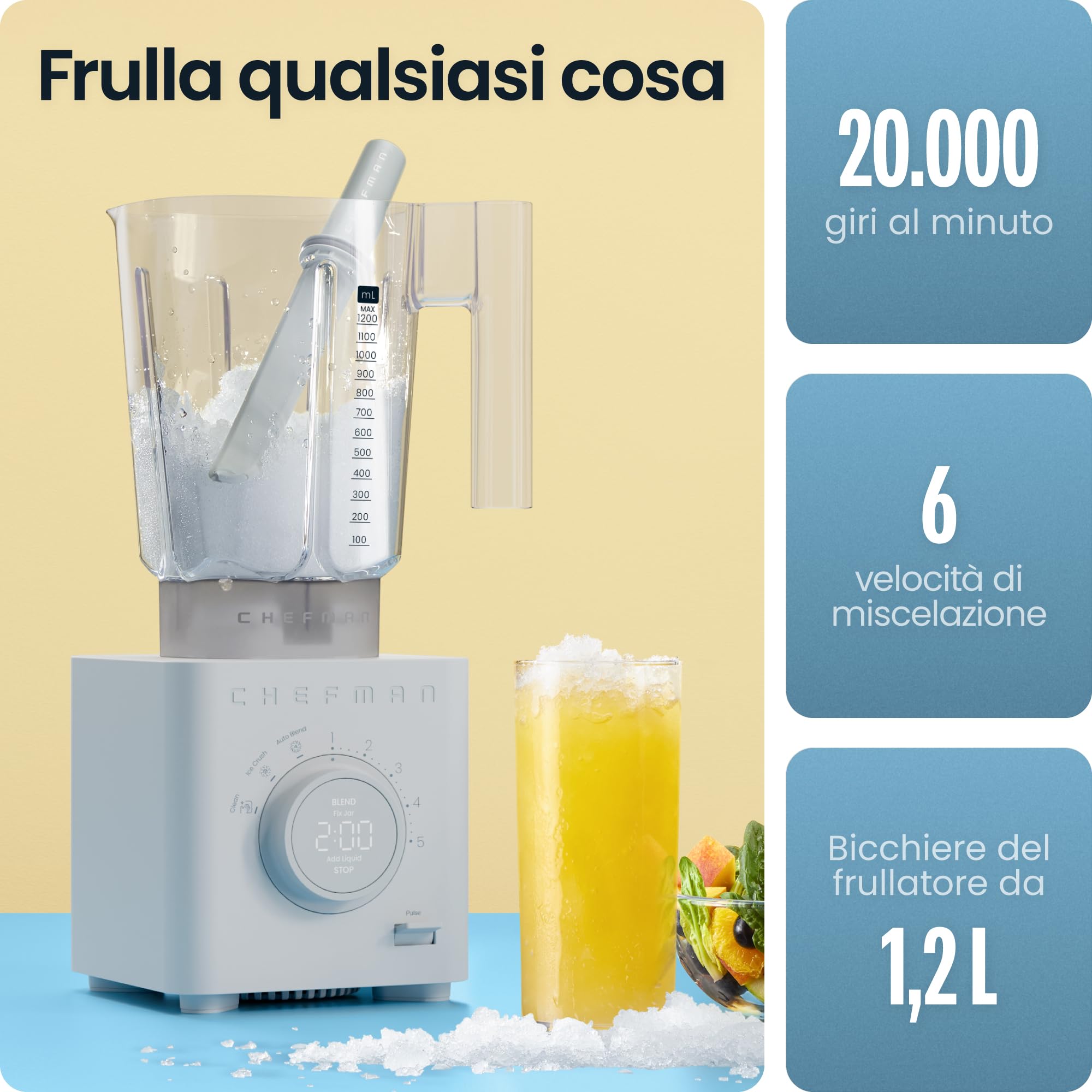 Chefman Obliterator 1.2L 1350W Frullatore Smoothie, Trita Ghiaccio, Noci e Frutta Congelata, Lama in Acciaio Inox, Funzione Auto Mix, Con Barattolo da Viaggio da 600ml – Grigio Cemento