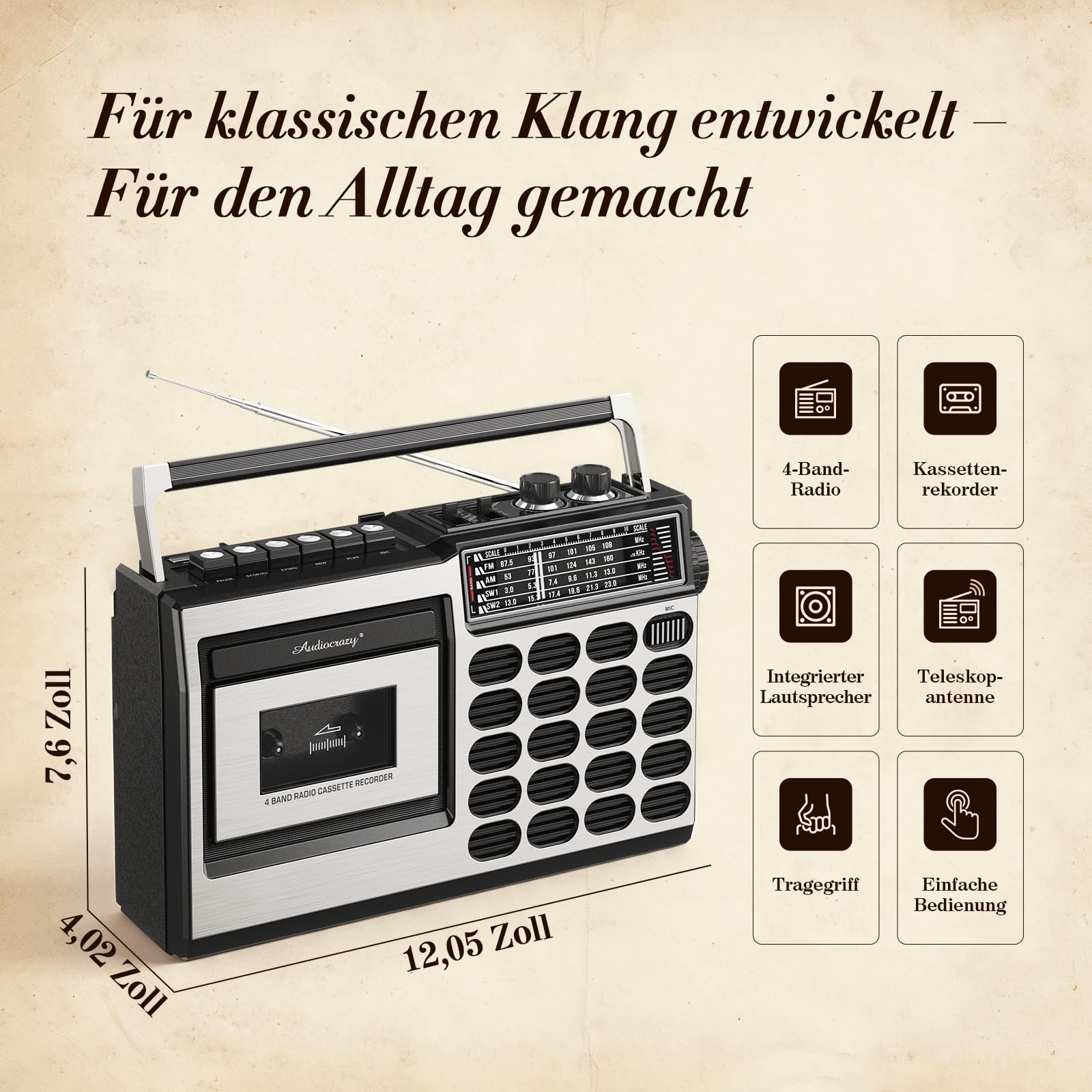 Tragbarer Kassettenspieler mit Radio FM/MW/SW, Kassettenrekorder mit USB/SD-Aufnahme, Kopfhöreranschluss, 5W Lautsprecher für Zuhause, Küche, Büro