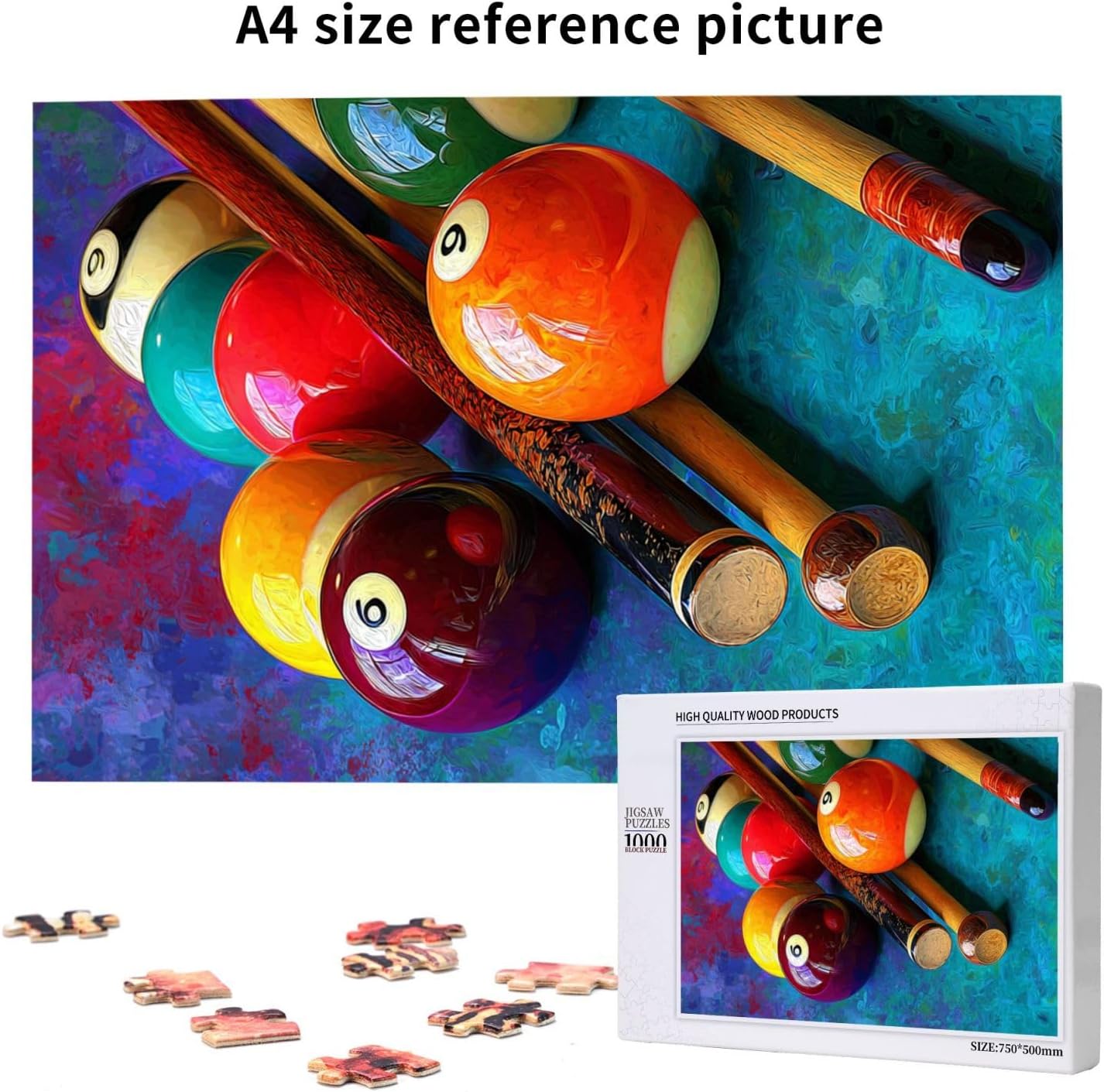 Vibrant Pool Table Art with Numbered Balls and Sticks,1000 Pieces Adult Wooden Jigsaw Puzzle, Funny Artwork for Adult,Challenging Brain Exercise,Forget The Troubles of Life