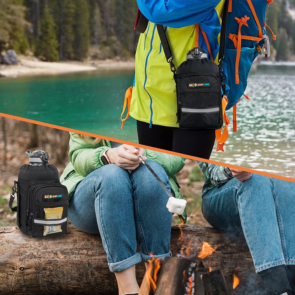 SUN CUBE Water Bottle Carrier with Strap for Walking, Insulated Water Bottle Holder Bag Hiking, Heavy Duty Neoprene Sleeve Sling, Phone Pouch Pockets Men Women, 40 64 oz