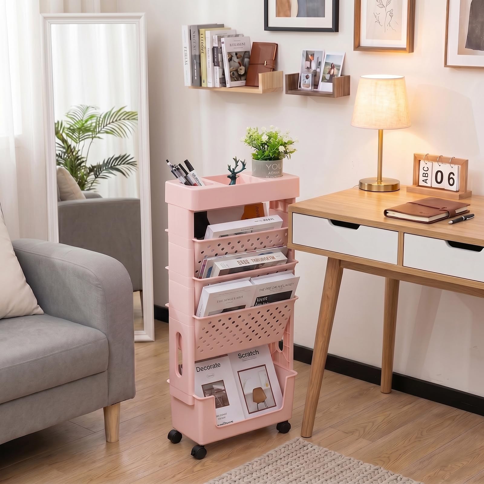 DOEWORKS Petite Bibliothèque roulettes Mobile Livre Chariot de Rangement 5 Niveaux Étagère à Livres Chariot Roulant pour Salon Chambre à Coucher Bureau, Rose
