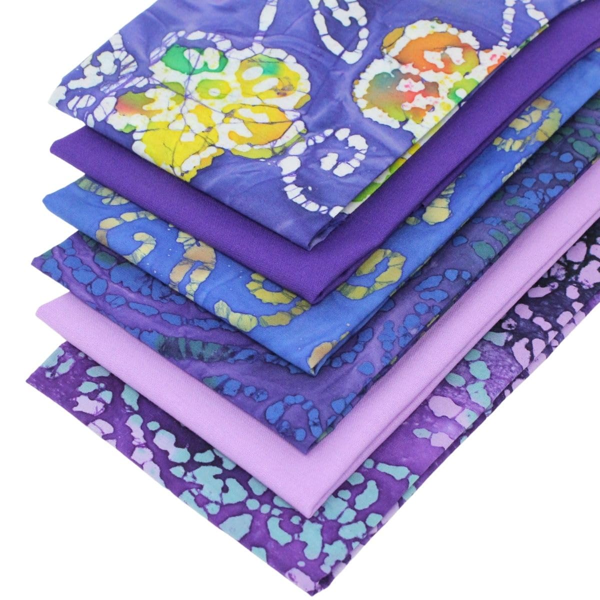 6 Fat Quarters Bundle - 'Dazzling Purple' Striking Batik and Plain Solid Fabrics in Shades of Purple. 100% Cotton for Quilting, Patchwork & Crafting (with Free Patchwork Pattern by Overdale Fabrics)