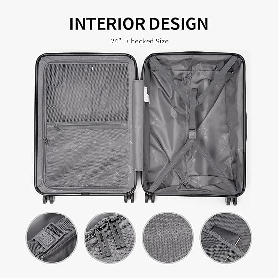 LEVEL8 Grace Luggage Sets Hardshell Suitcase with Wheels, Sturdy Large Suitcase Tsa Lock 20 Inch Expandable Carry on 24 Inch 28 Inch Checked Luggage, 3-Piece Set (20/24/28), Black