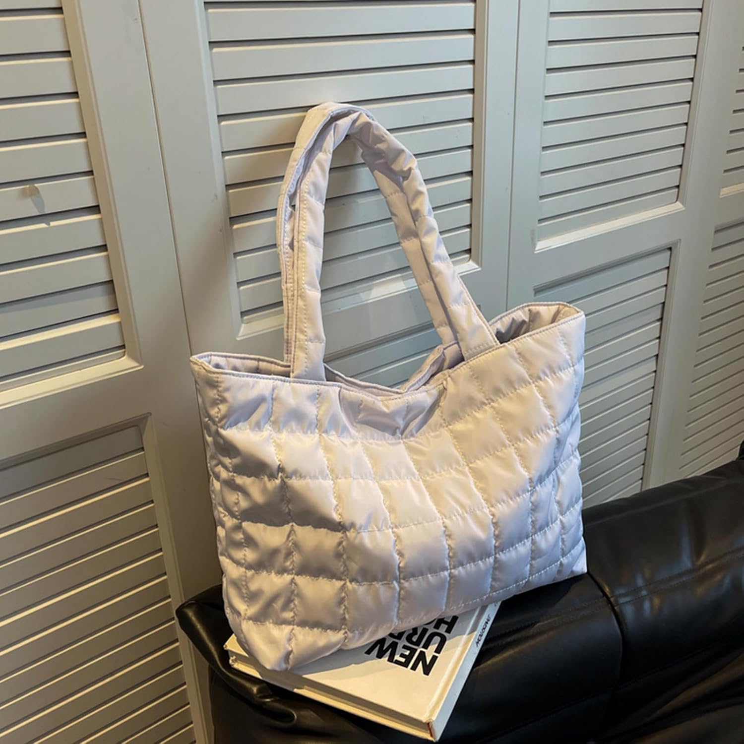 Women Puffer Tote Bag, 15×11 Inches Solid Color Quilted Shoulder Bag Trendy Handbag for Travel, Work or Party image 3