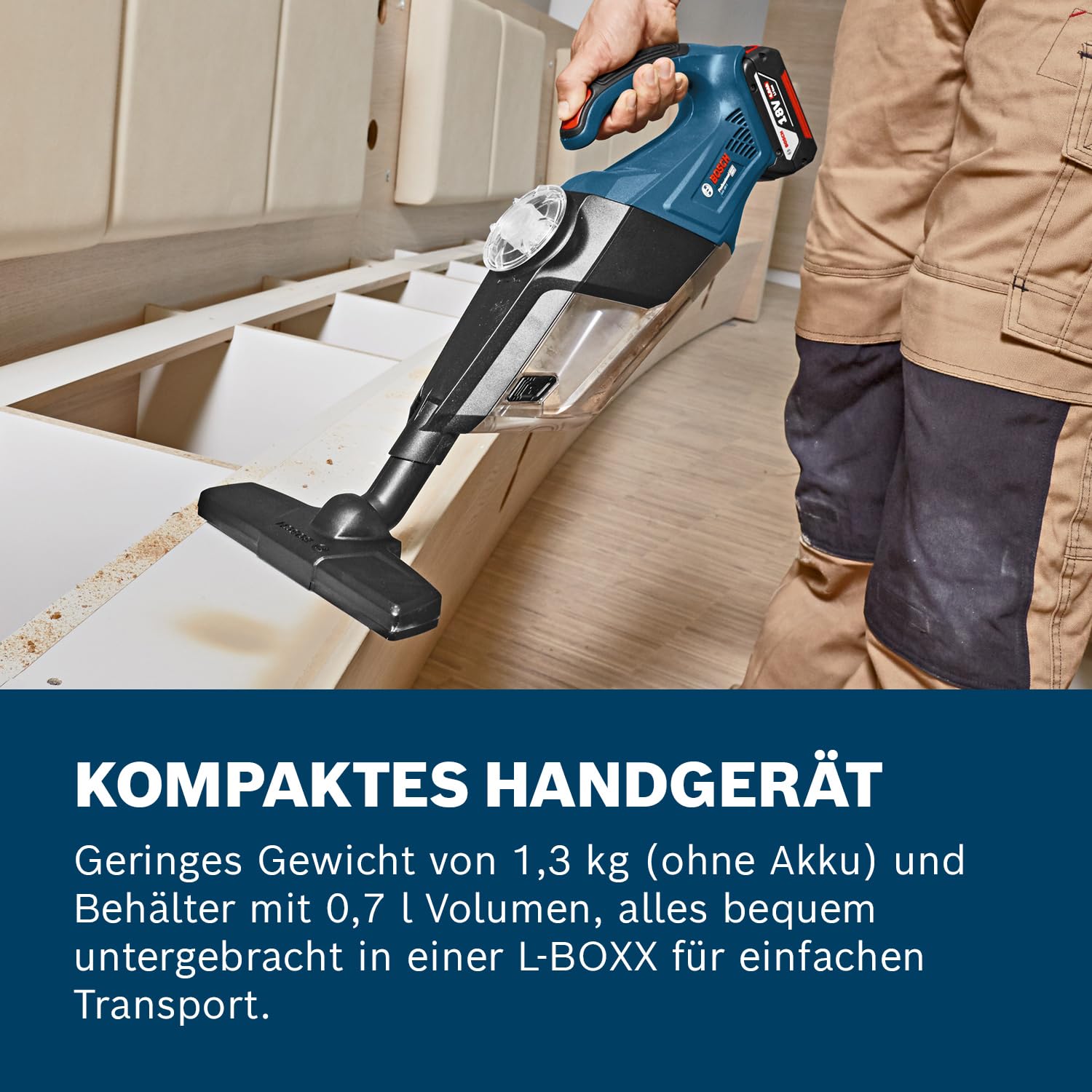 Bosch Professional 18V System Akku Handstaubsauger Gas 18V-1 (inkl. Absaugrohr, Fugendüse, Teppichdüse, Behältervolumen 1 Liter, ohne Akku/Ladegerät)