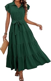 Women's Summer Casual Dresses 2025 Cap Ruffle Sleeve V Neck Button Belted Tiered Boho Maxi Dress with Pockets - Buy now