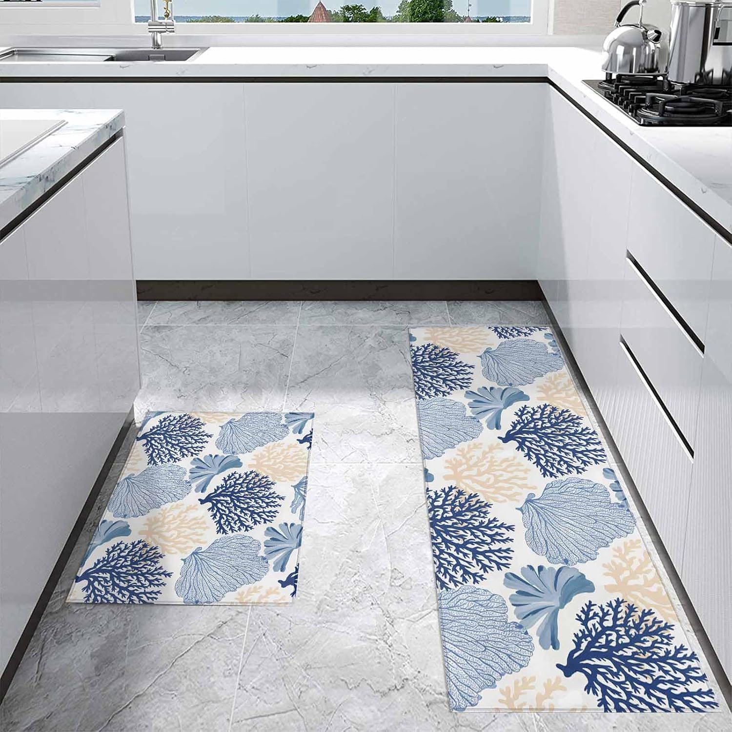 Kitchen Mats for Floor Undersea Blue Beige Ocean Coral Washable Non Slip Kitchen Rugs 2PCS, Marine Life Seaweed Absorbent Standing Mats for Sink Bathroom Office Living Room 15.7x23.6in+15.7x47.2in