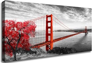 Black and White Red Wall Art San Francisco California Golden Gate Bridge Canvas Print Art Framed Artwork Pictures for Office Bedroom Home Wall Decoration Ready to Hang