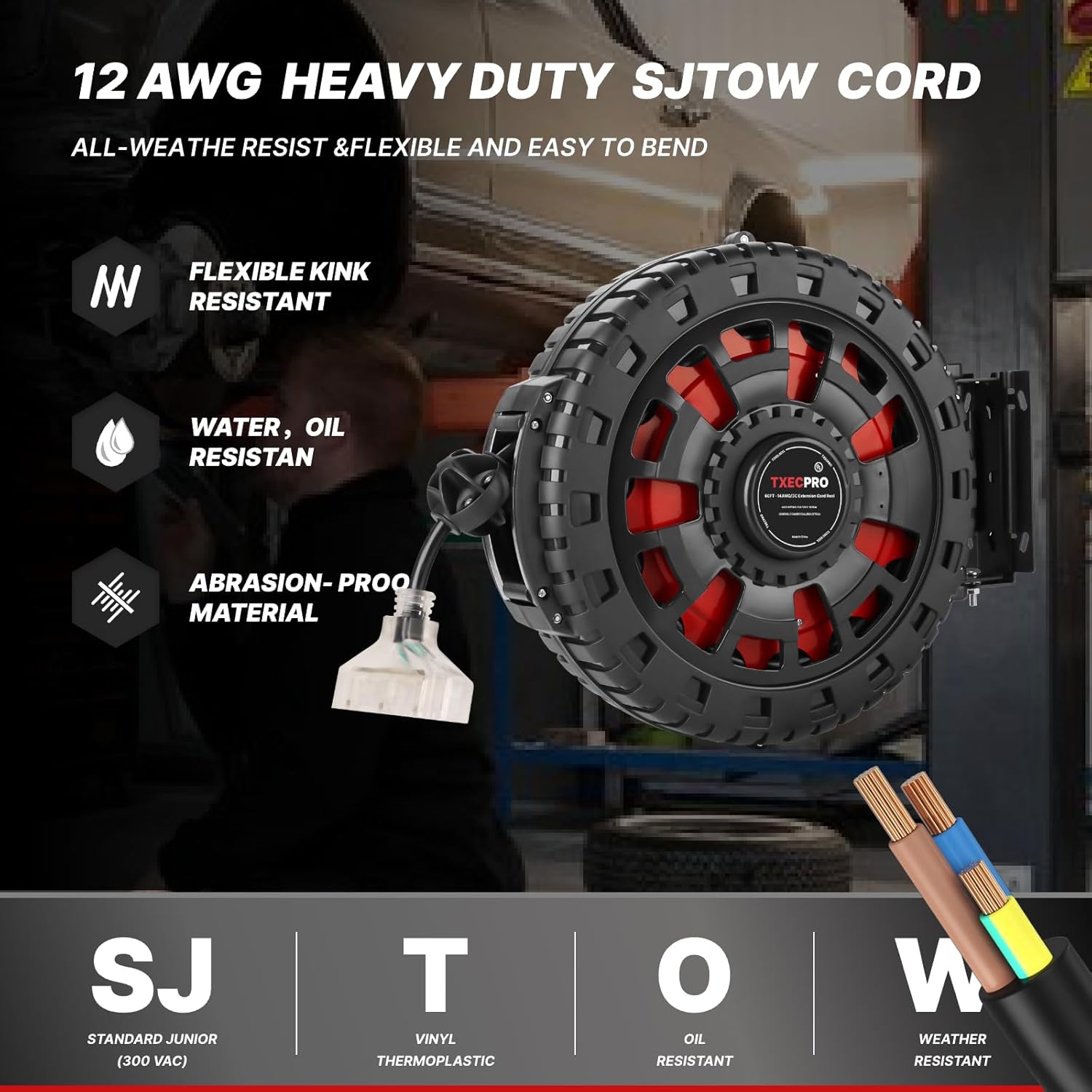 65FT Retractable Extension Cord Reel, 12AWG/3C SJTOW Heavy Duty Power Cord with Lighted Triple Tap Outlet, 15A, Swivel Removable Bracket for Wall/Ceiling Mount, UL Listed