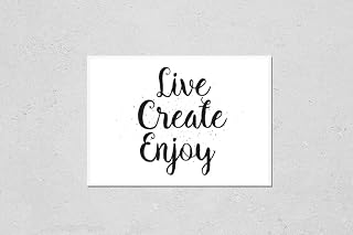 Poster Reproduction of Live create enjoy inspirational inscription. Greeting card with calligraphy. Hand drawn lettering design. Photo overlay. Typography for banner, poster or apparel design