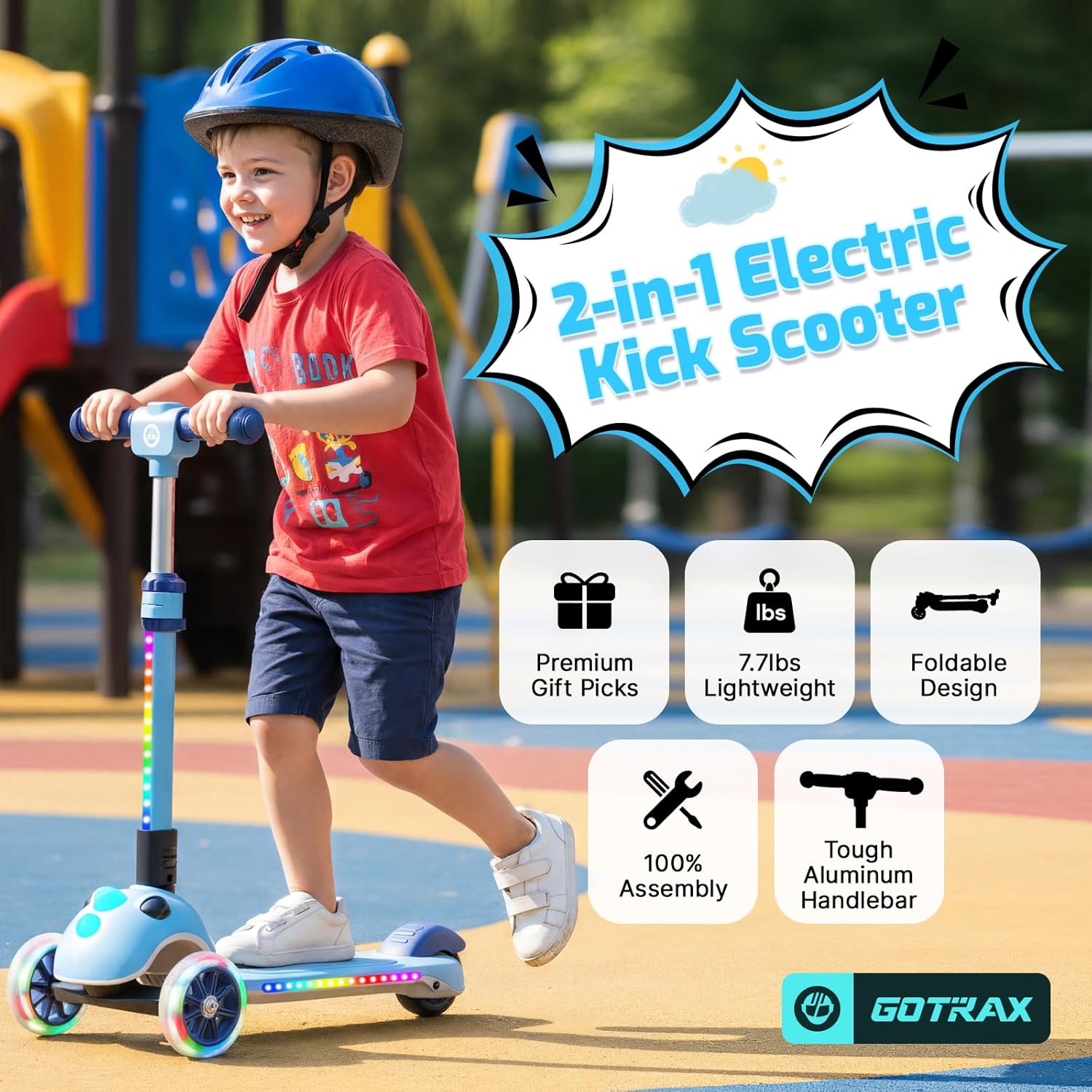 Gotrax SK1 Foldable Electric Scooter for Kids 4+, Full Body LED Light, 90min Riding& 5Mph Speed, Push-Button Throttle&Battery Indicator, 6'' Wheel & 3 Adjustable Height, 3 Wheel Escooter,Gift,Blue