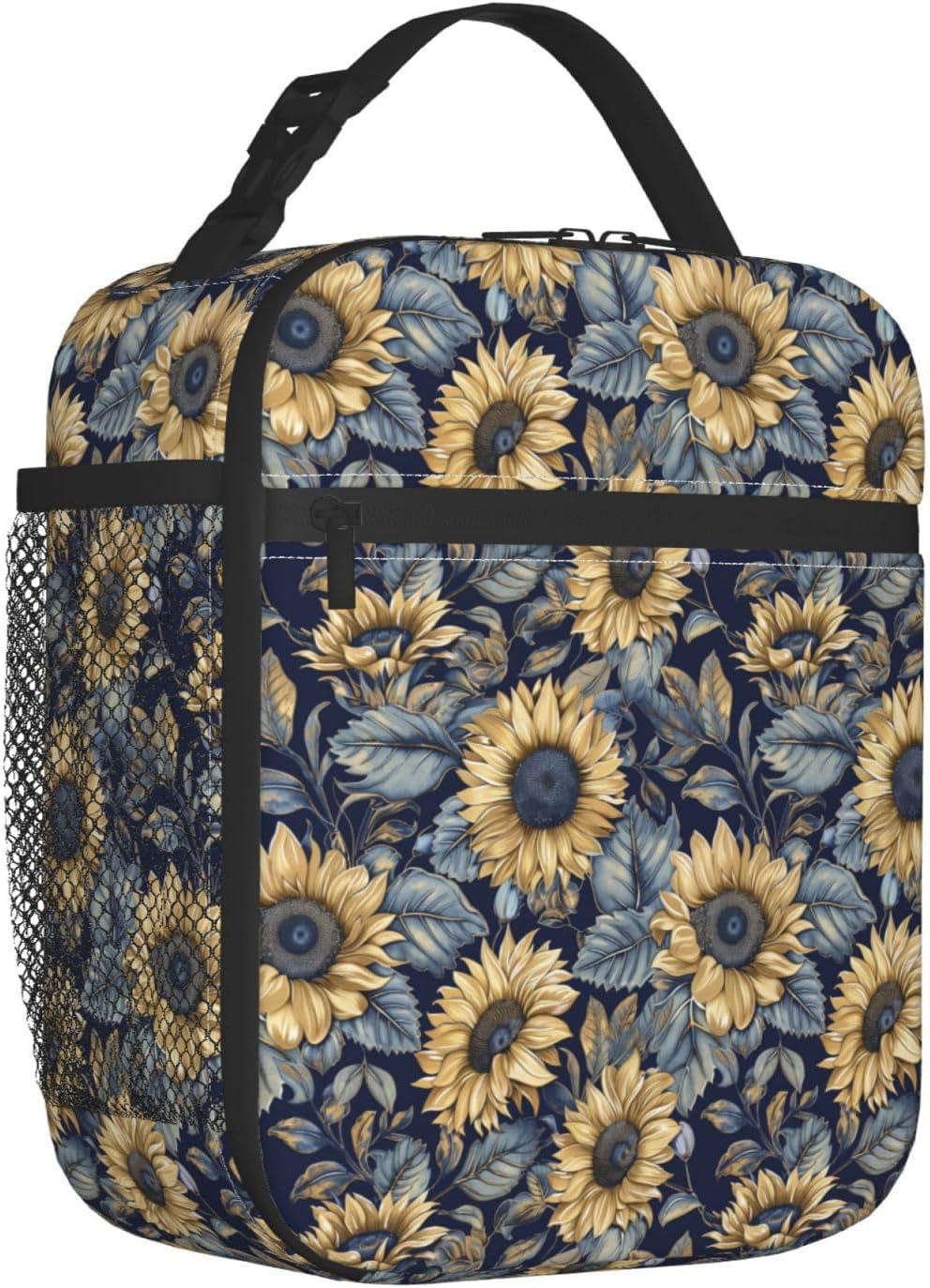 Sunflower Lunch Box for Kids Aldults, Vintage Floral Reusable Thermal Insulation Cooler Tote Bags, Navy Blue Bloom Botanical Insulated Bag for Student, School Picnic Camping Travel, Gifts