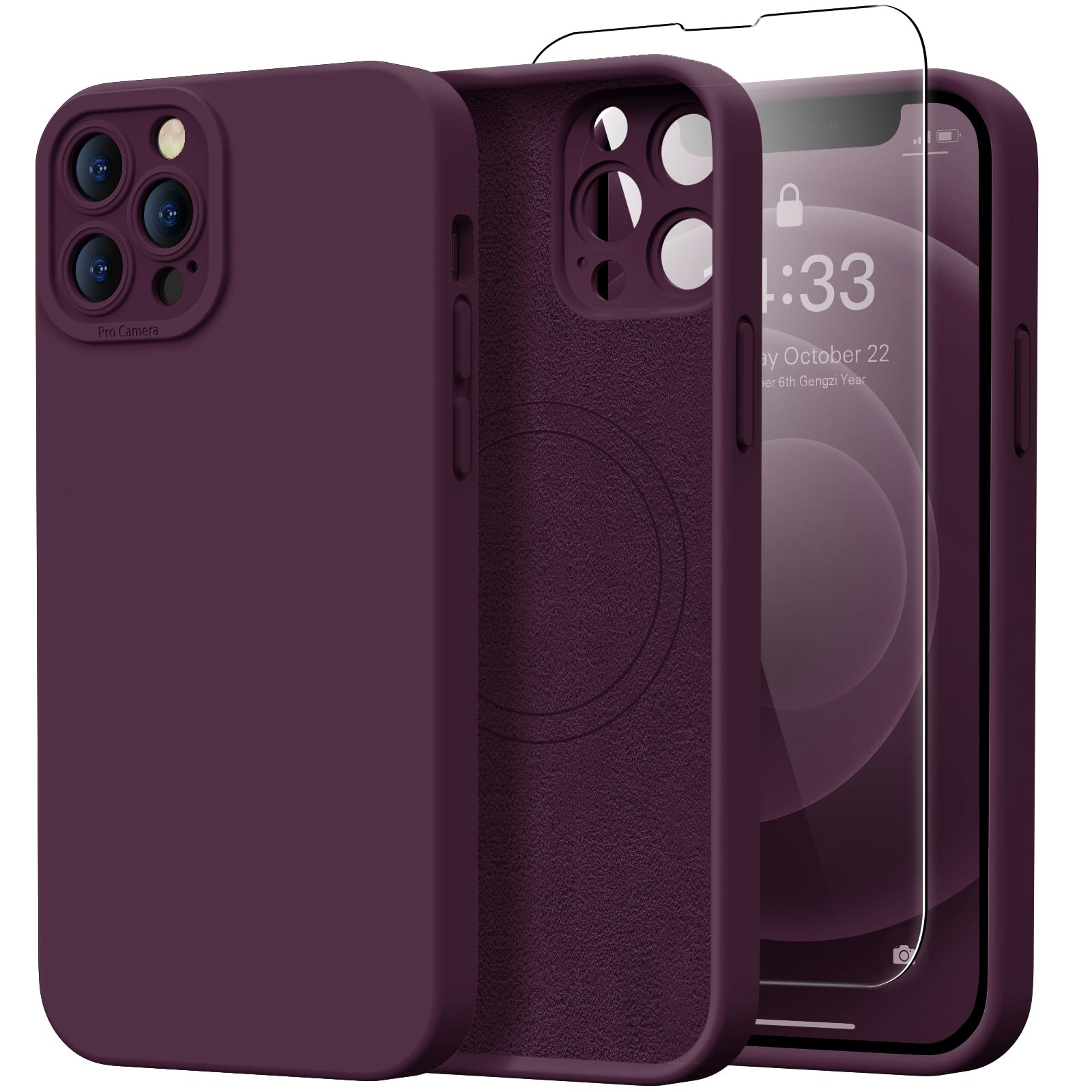 Magnetic for iPhone 13 Pro Case with Screen Protector - Compatible with MagSafe - Upgraded Camera Protection - Silicone Shockproof Protective Phone Case 6.1" for Women Girls - Nice Plums Color