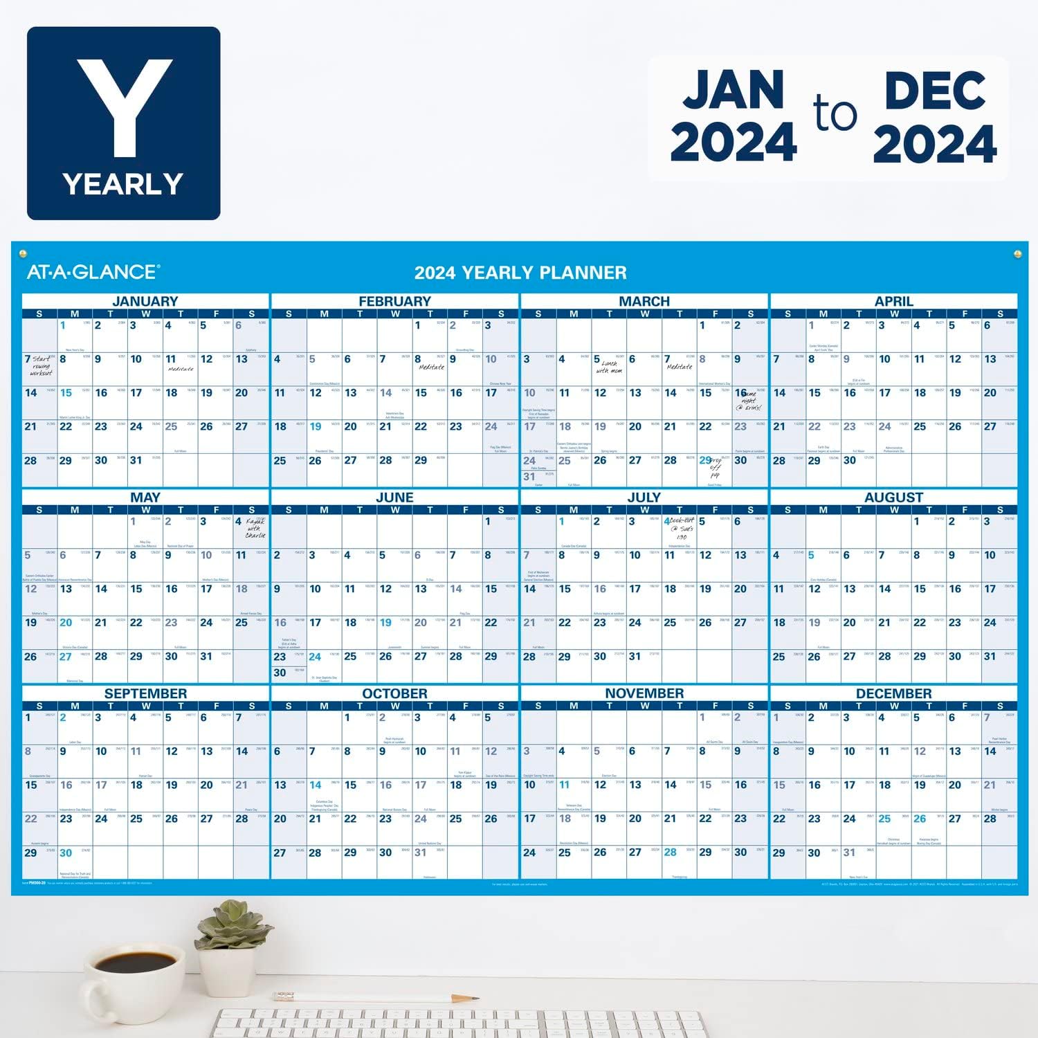 AT-A-GLANCE 2024 Erasable Calendar, Dry Erase Wall Planner, 48" x 32", Extra Large, Horizontal, Reversible for Planning Space (PM3002824)