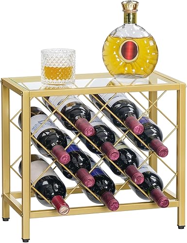 HOOBRO Estante de vino para encimera, estante de almacenamiento de vino para 10 botellas, estante de vino pequeño de metal dorado moderno