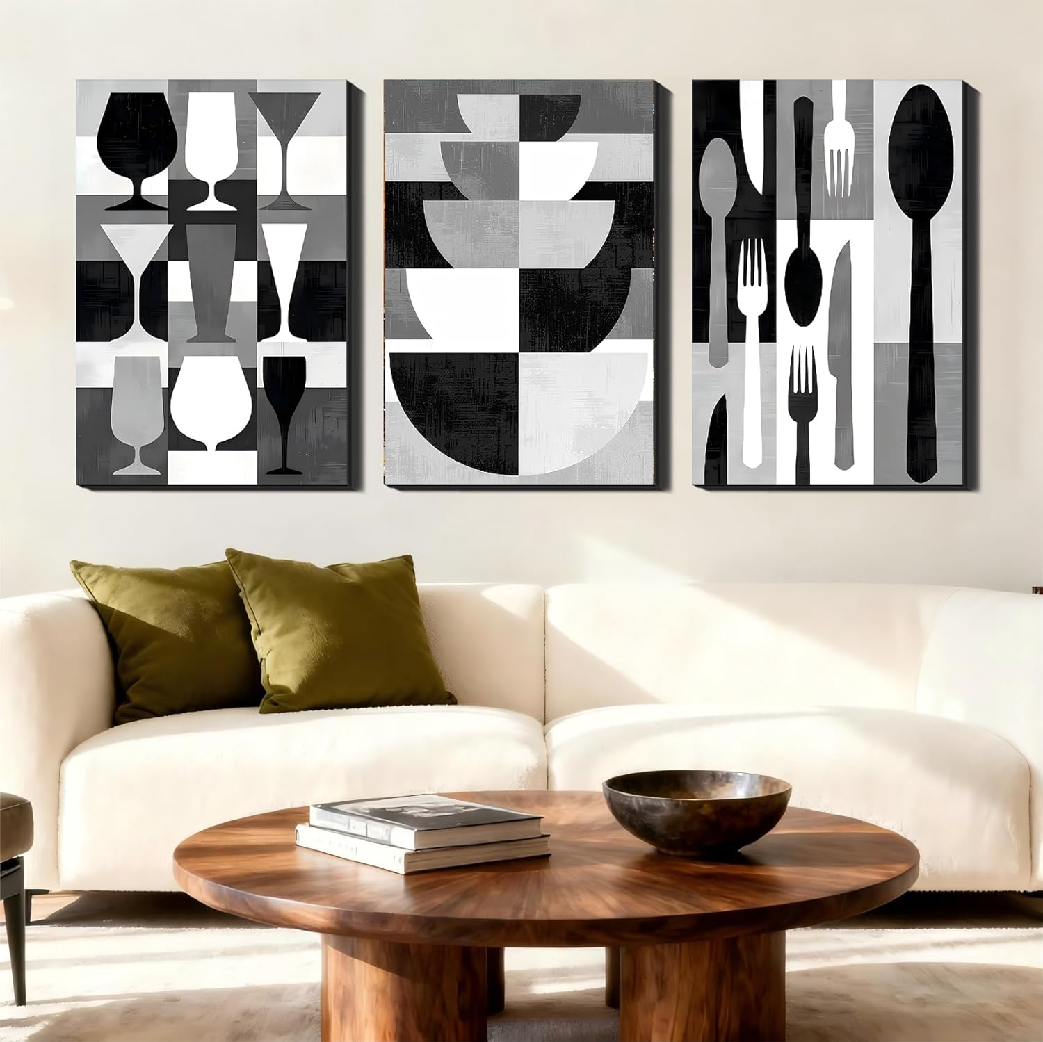 Set of 3 Framed Canvas Pictures - Modern Kitchen Wall Decor, Black & White Utensil Prints for Dining Room, Minimalist Canvas Art, Stylish Framed Home Aesthetic Accents