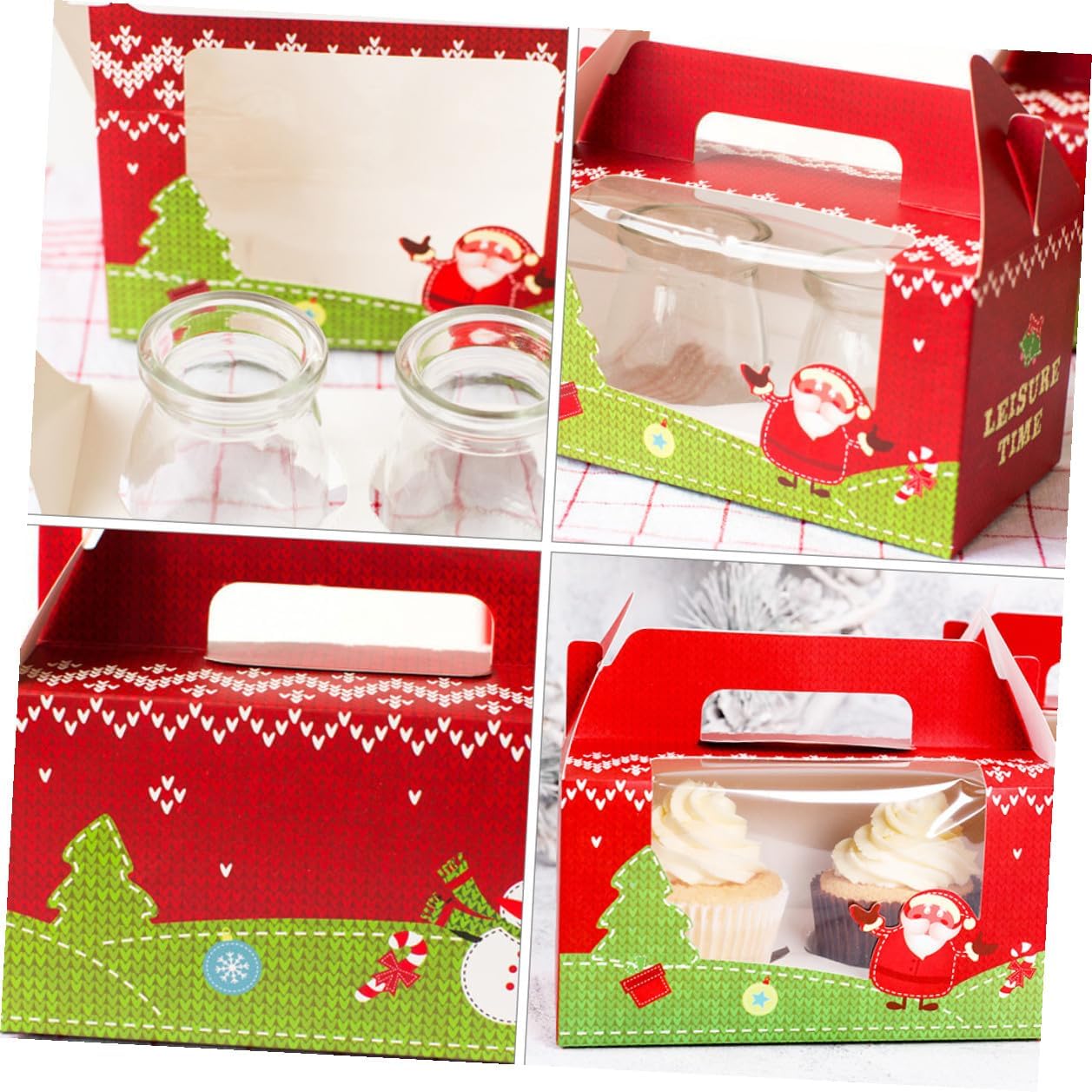 Cabilock 20pcs Christmas Cupcake Boxes with Window and Double Hole Insert, Paper Bakery Cake Containers with Handle, Holiday Cupcake Carriers for Party and Packaging