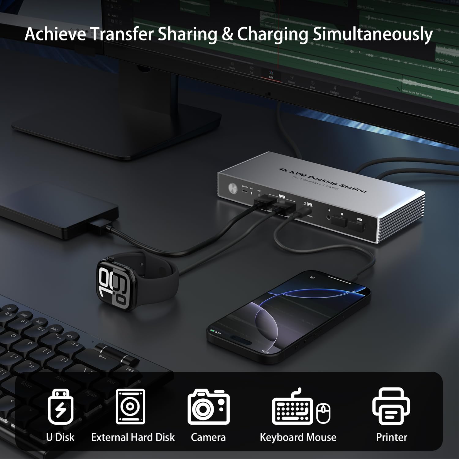 USB C + HDMI Dual Monitor KVM Switch Docking Station for Desktop and Windows Laptop, Support 4K@60hz, EDID, 3.5mm Audio, 10Gbps Data Transfer and 15W PD Charging, with Cables