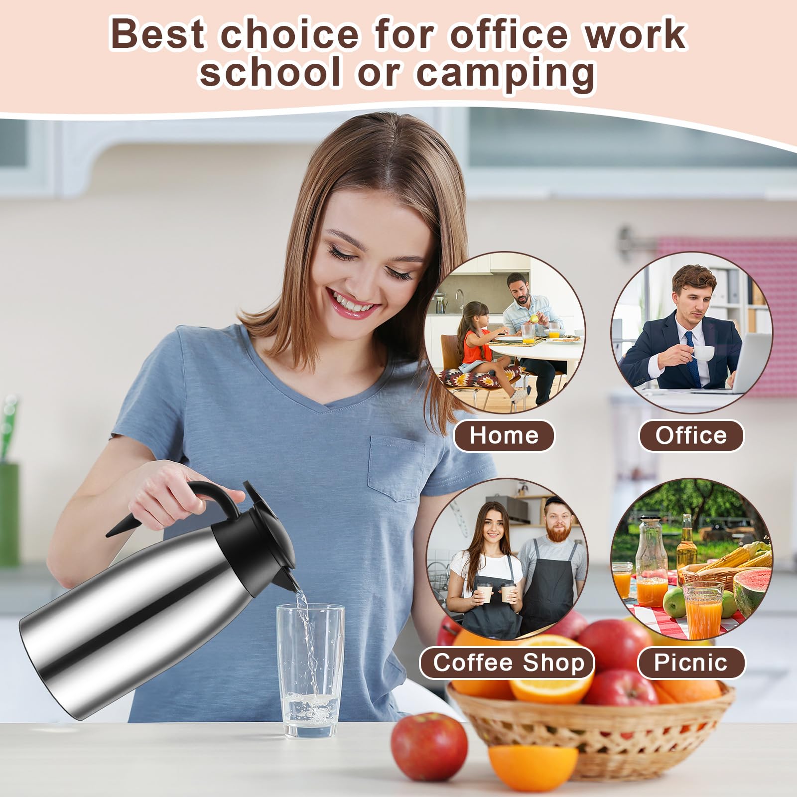 Norme 2 jarras térmicas de café de acero inoxidable aisladas para líquidos calientes al vacío, dispensador de crema con cepillos para mantener la leche caliente (plata, 31 onzas)
