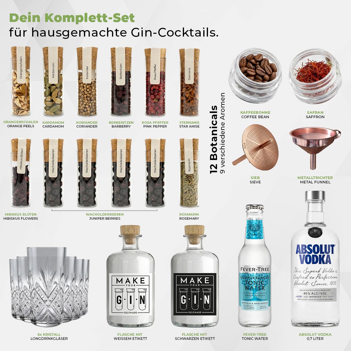 Make Your Gin Geschenkset schwarz -Absolut Vodka, Fever-Tree Mediterranean Tonic Water 500ml + Botanicals - Kopi Luwak von freilebenden Tieren+ Bar Trichter + Anleitung mit Rezept + 6x Longdrinkglas